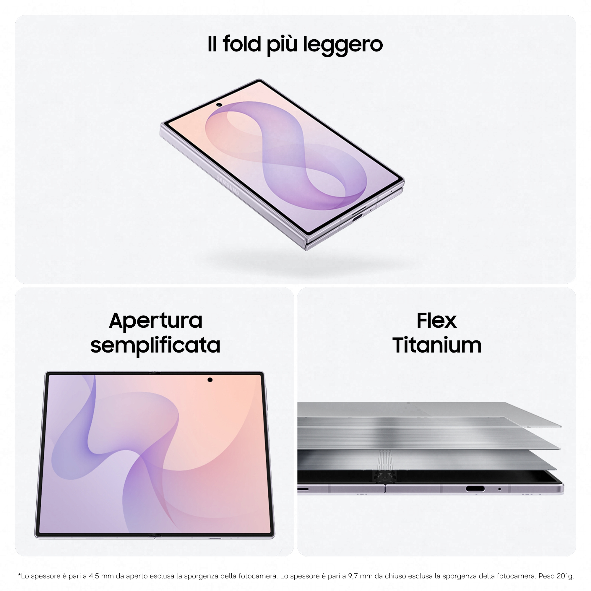Trois images publicitaires d'un smartphone pliable Samsung avec du texte en italien sur fond blanc.