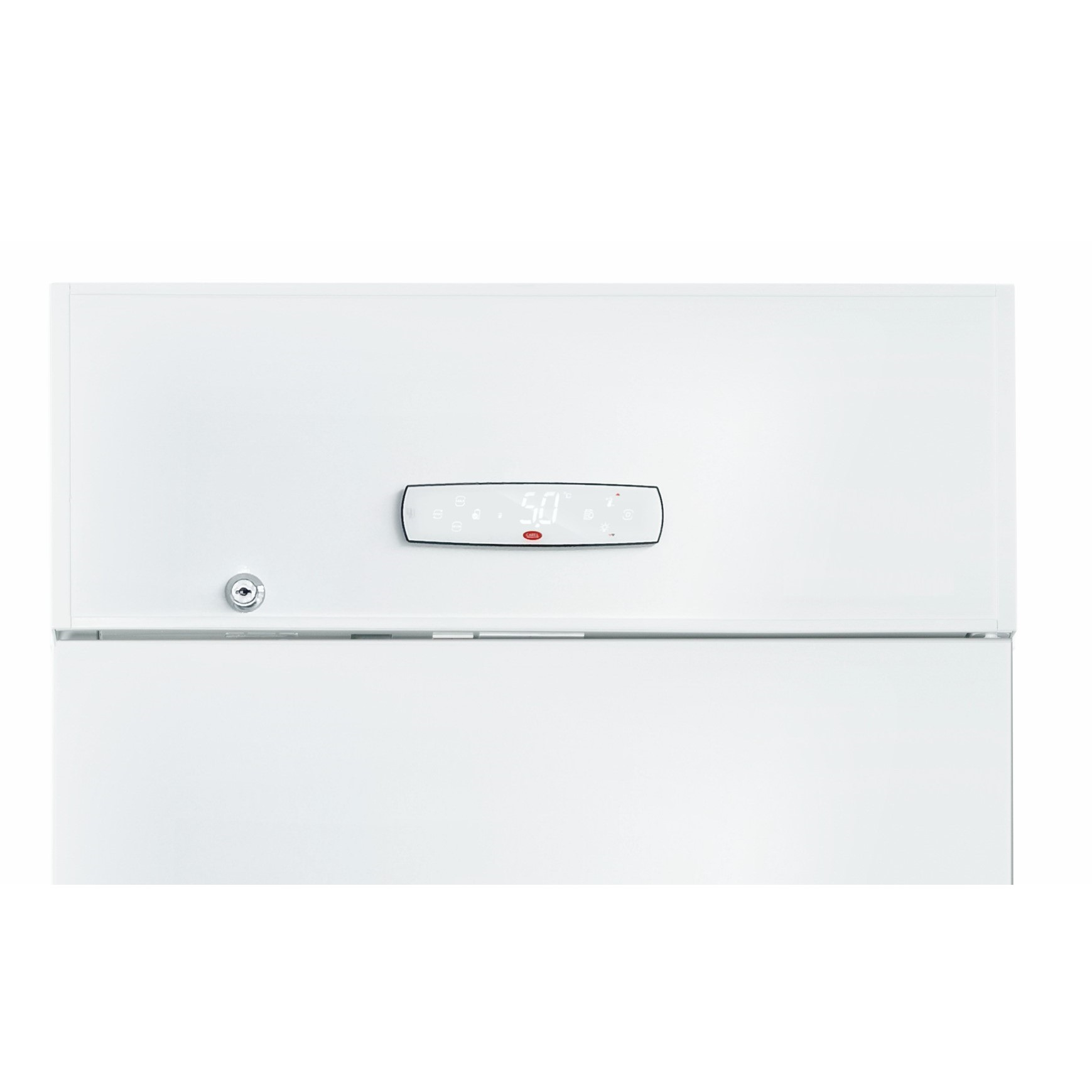 Un dispositivo tecnico bianco con display digitale e buco della serratura su sfondo bianco.