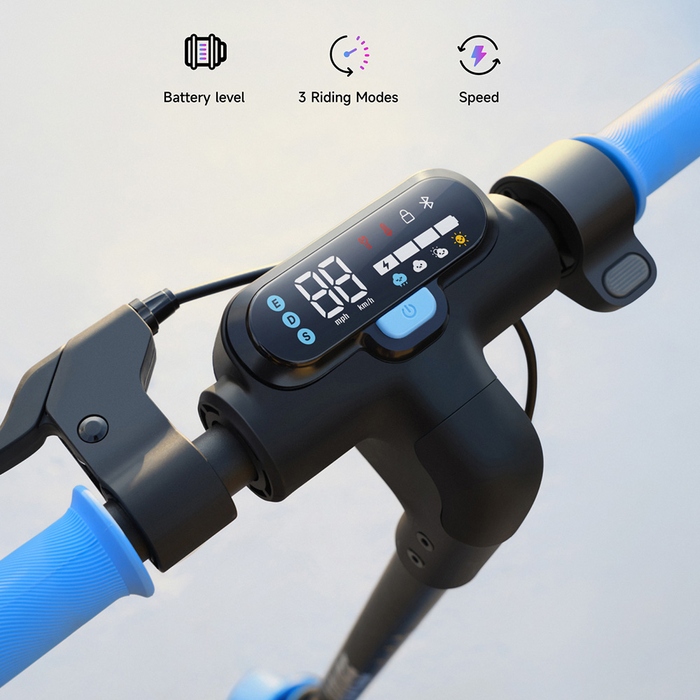 E-Scooter-Lenker mit Digitaldisplay, blauen Griffen und Icons für Akkustand, Modi und Geschwindigkeit.