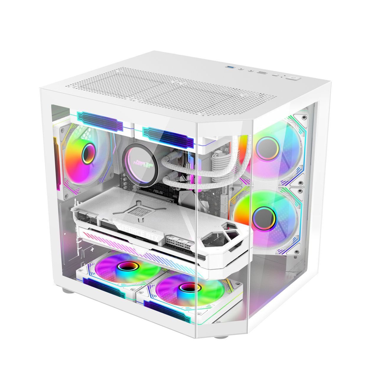 Un PC da gaming bianco con pannelli in vetro e ventole RGB.