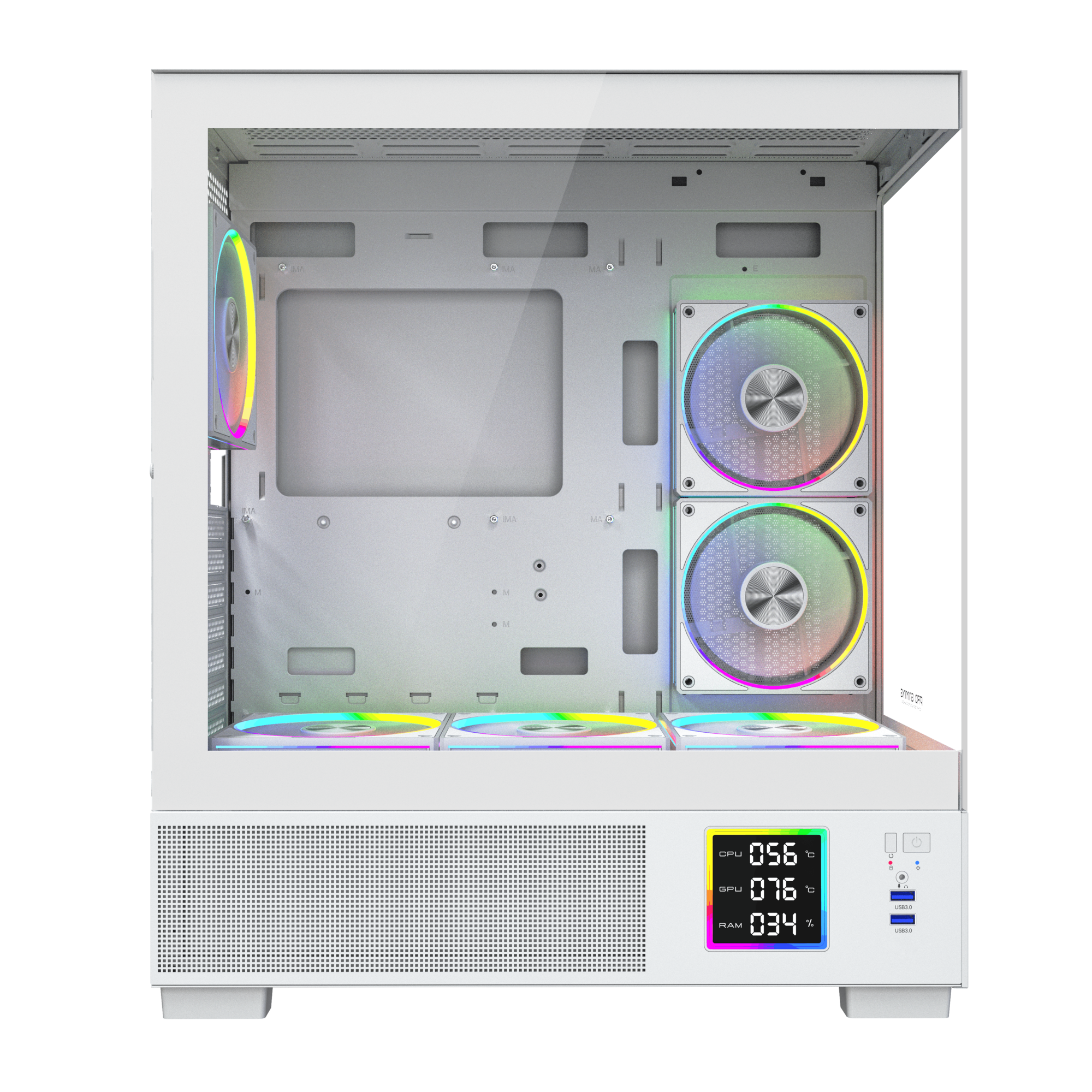 Case per PC bianco con ventole RGB e display digitale in basso.