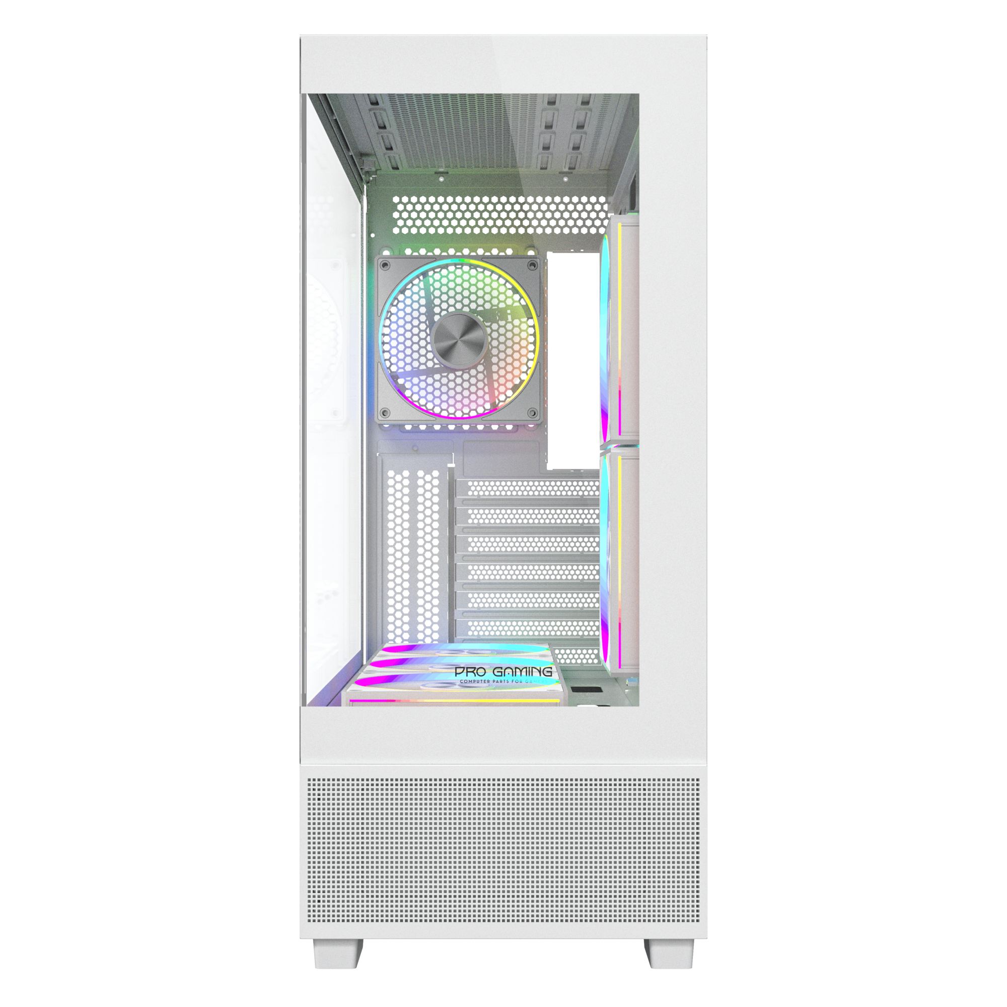 Un case per PC bianco con ventole RGB e pannello laterale in vetro.