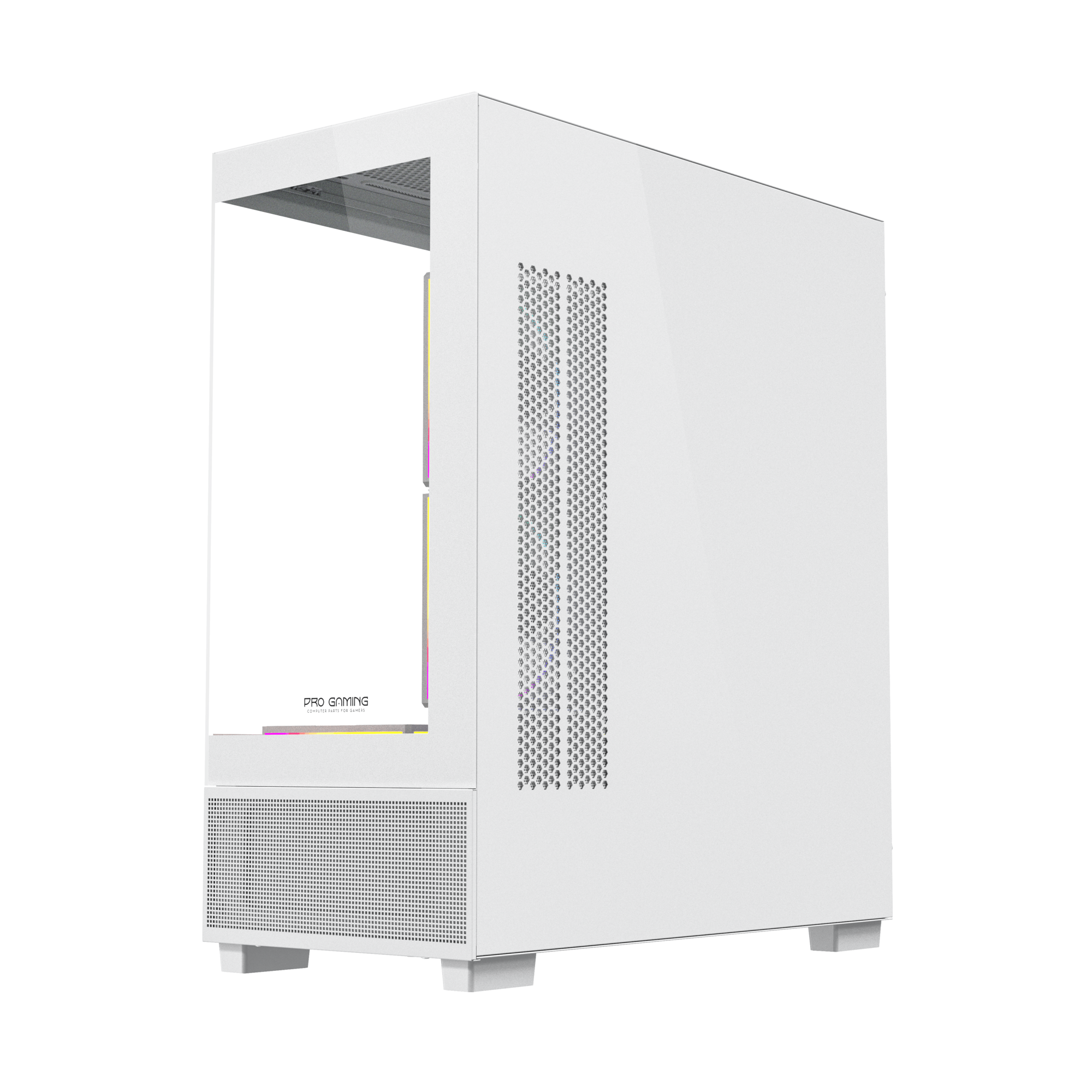 Case per computer bianco con fronte in vetro e ventilazione laterale.