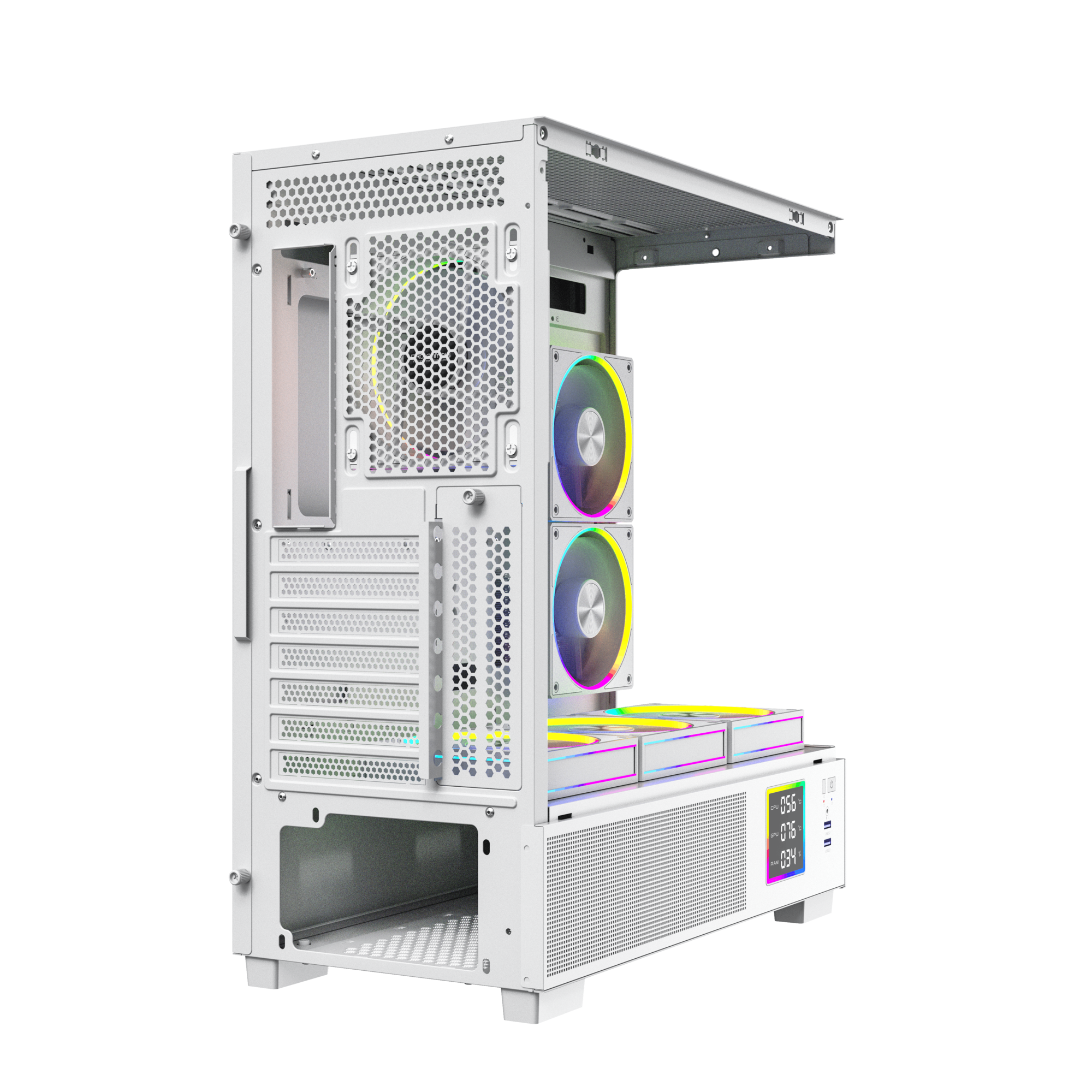Un case per PC bianco con ventole RGB e display digitale.