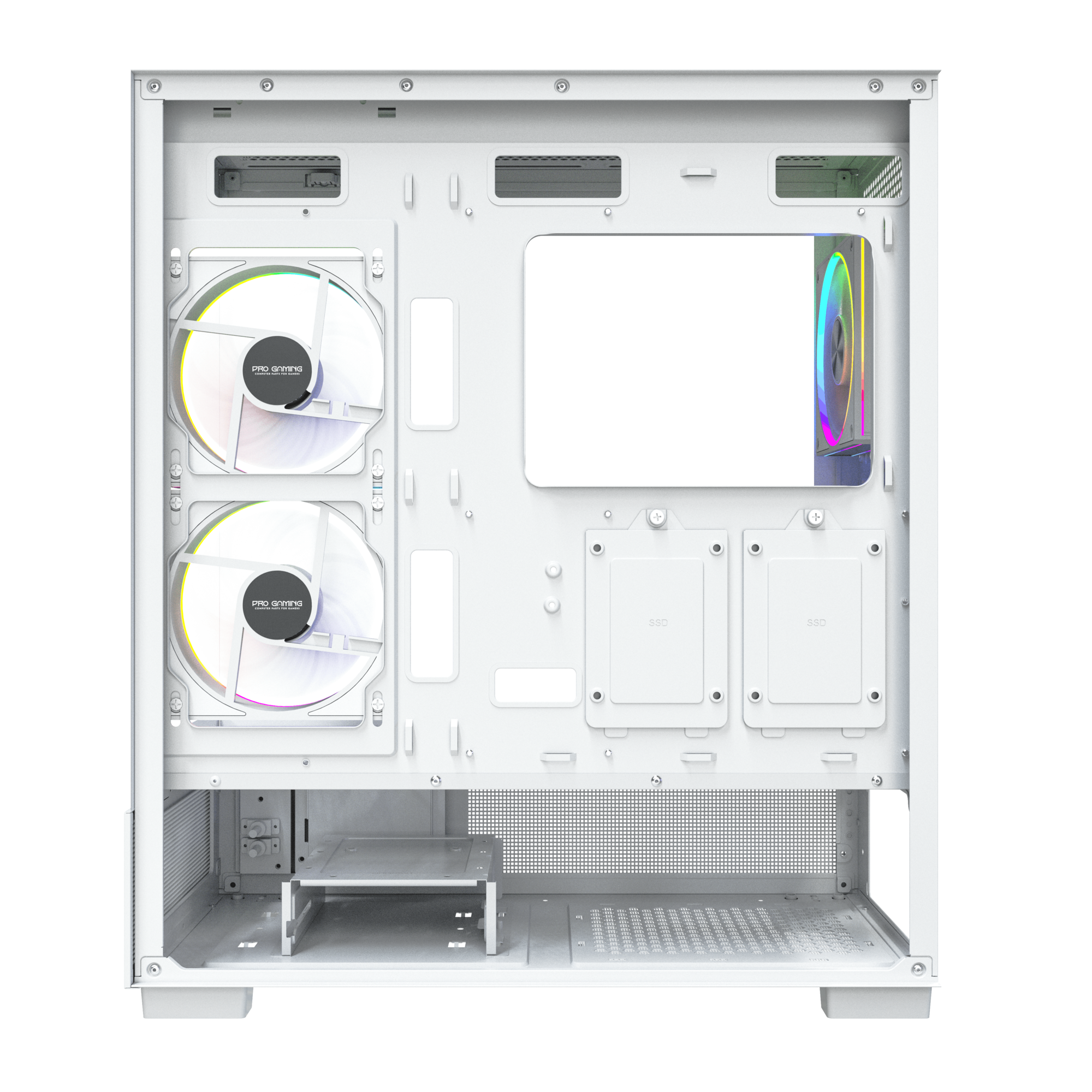 Un case per PC bianco con due ventole illuminate sul lato e staffe di montaggio SSD interne.