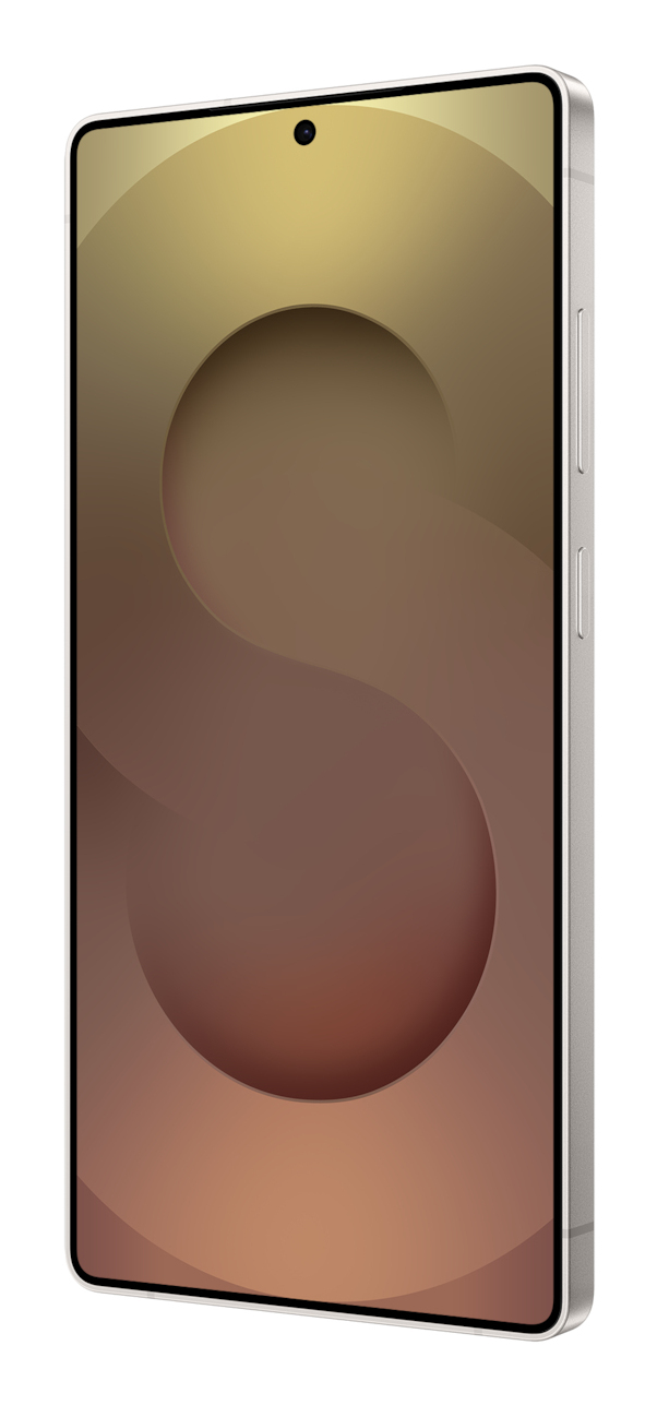 Ein weißes Smartphone mit beiger Tapete und seitlichen Knöpfen auf weißem Hintergrund.