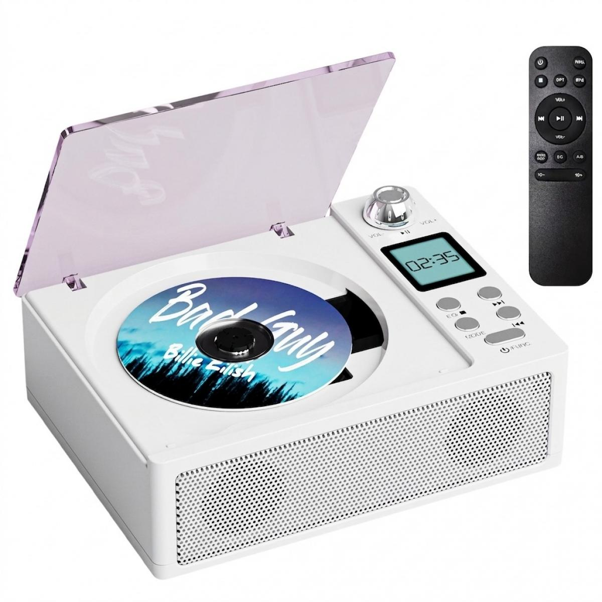 Ein weißer CD-Player mit offener transparenter Abdeckung und einer Billie Eilish CD, daneben eine Fernbedienung.