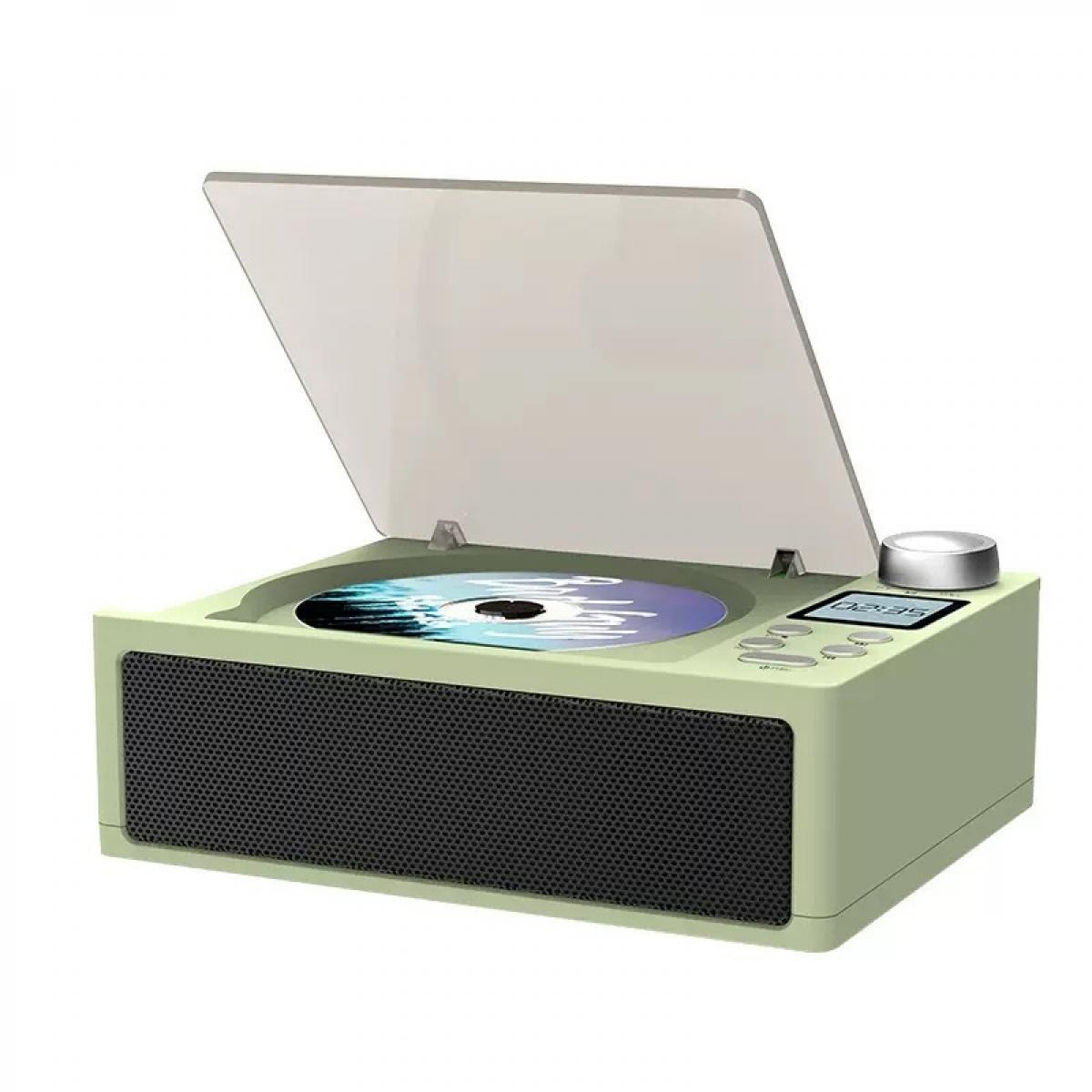 Ein blassgrüner CD-Player mit offener transparenter Abdeckung und eingebautem Lautsprecher auf weißem Hintergrund.