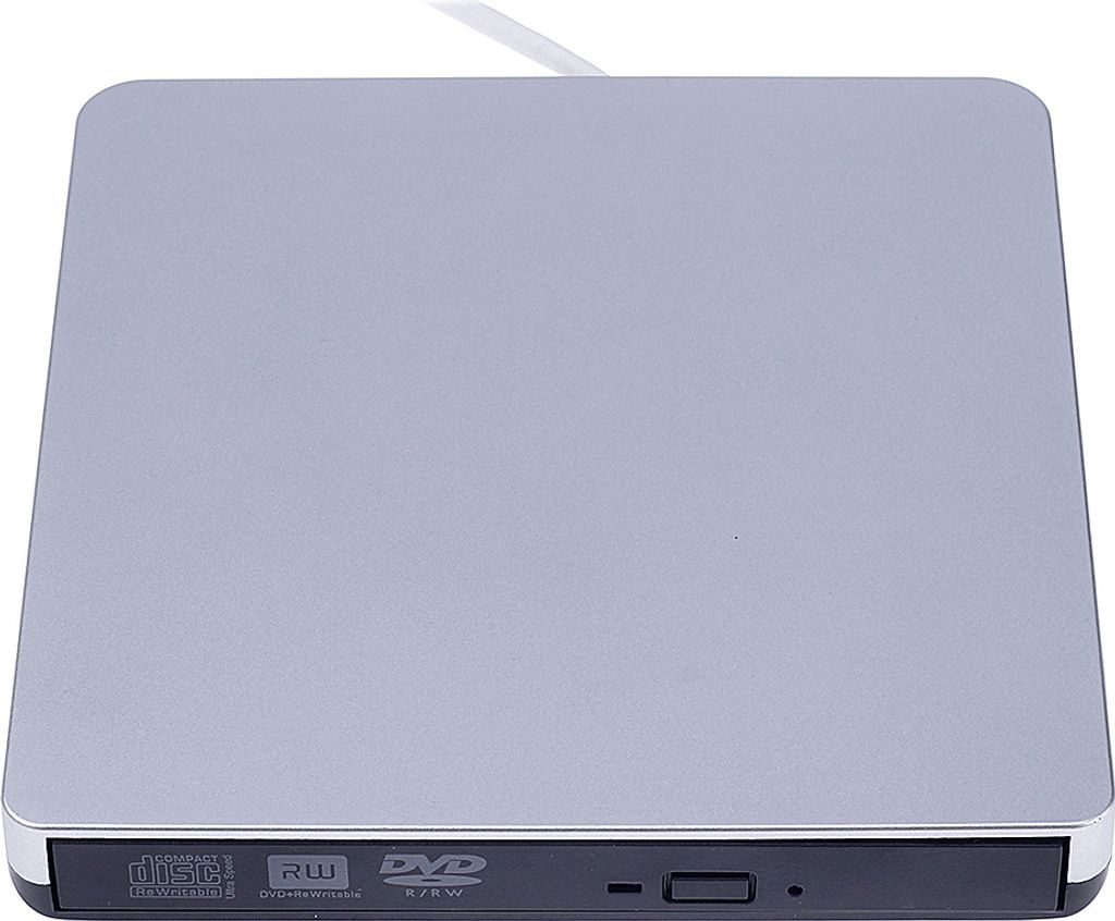 Ein silbernes externes DVD-Laufwerk mit CD- und DVD-RW-Logos auf der Vorderseite.