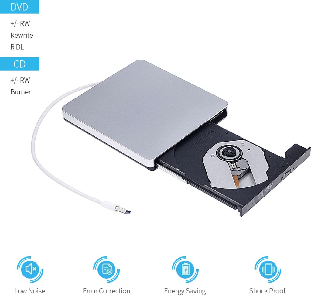 Ein silbernes externes DVD- und CD-Laufwerk mit offener Schublade und weißem USB-Kabel.