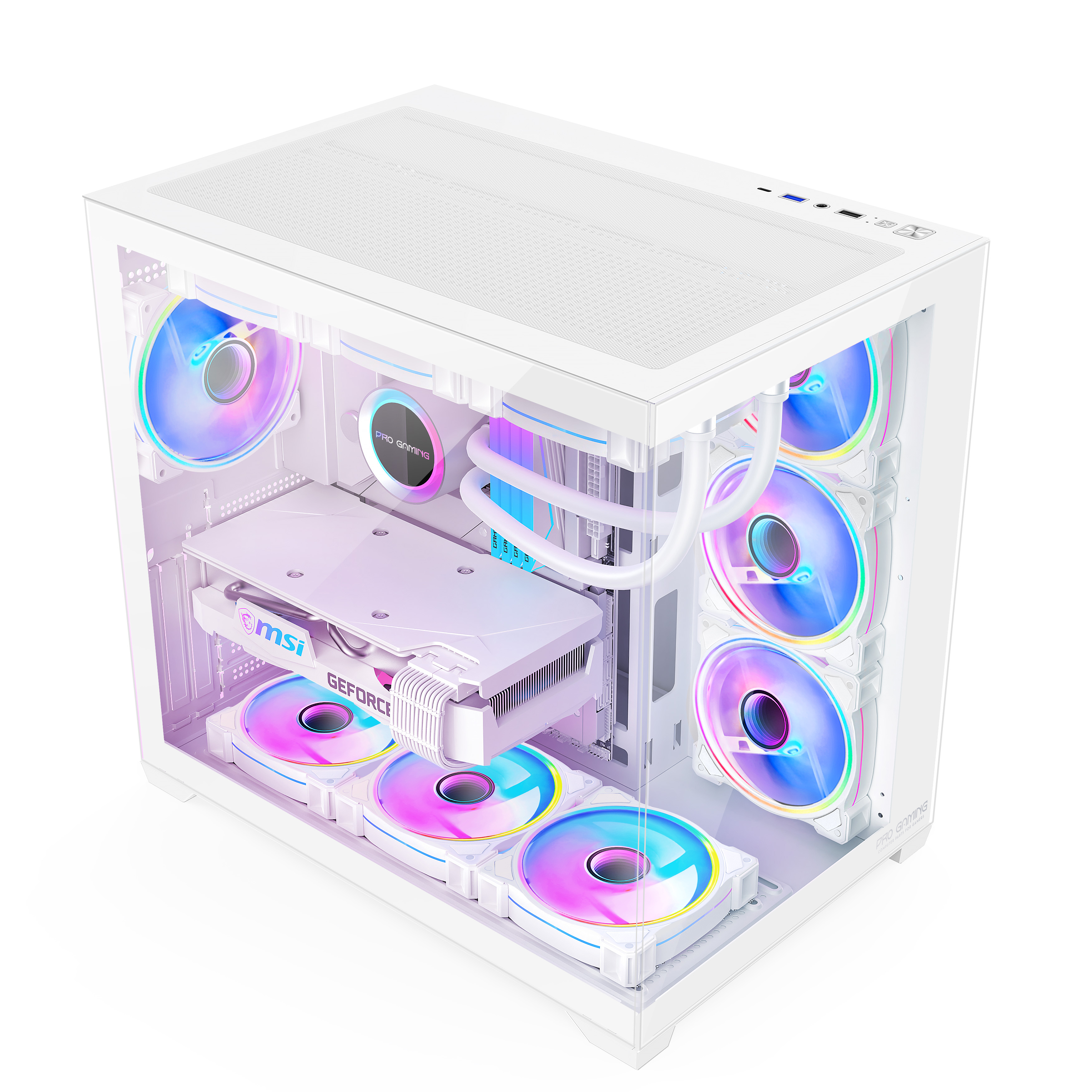 Case per PC da gioco bianco con ventole RGB luminose e scheda grafica bianca su sfondo bianco.