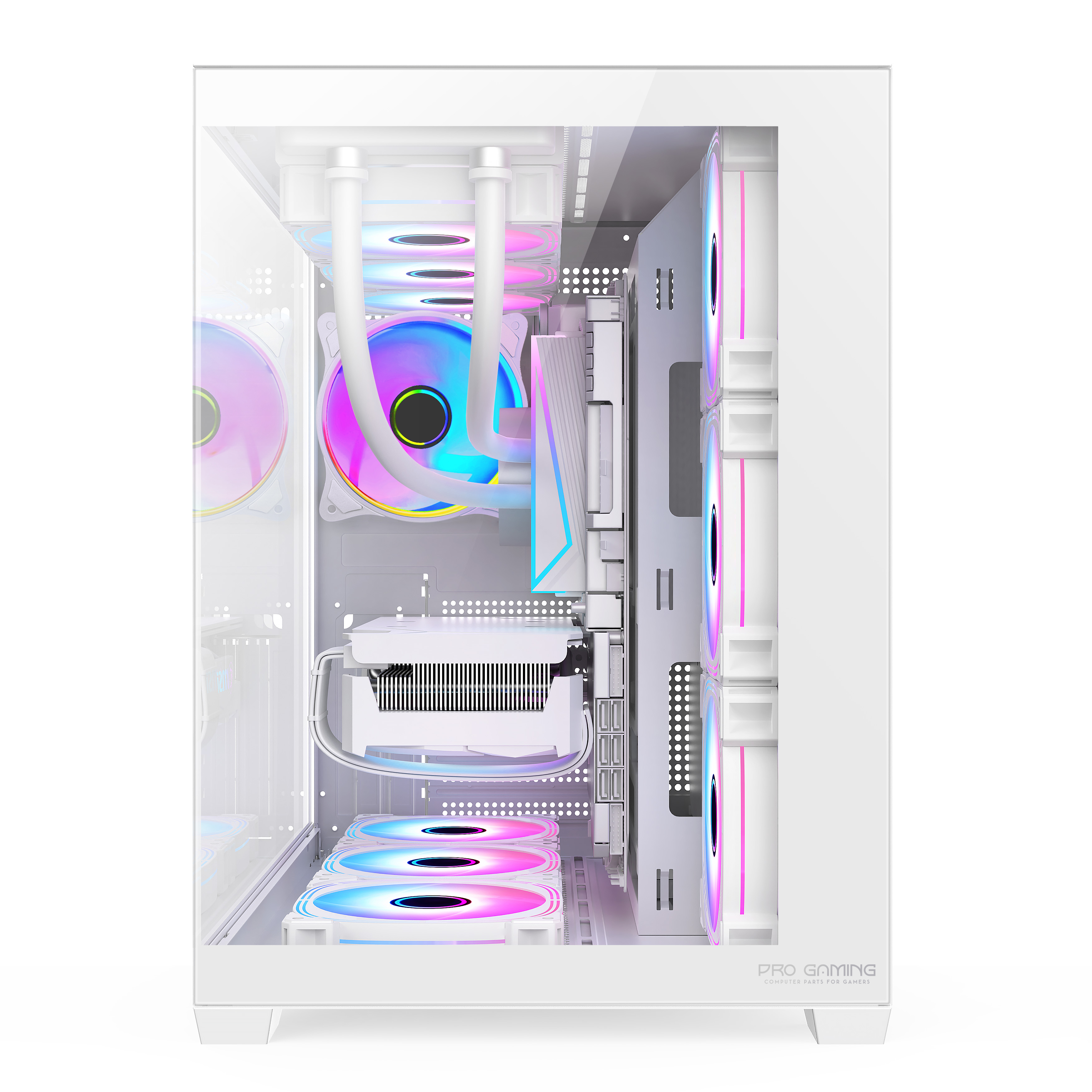 Un case per PC da gioco bianco con ventole RGB luminose e raffreddamento a liquido.
