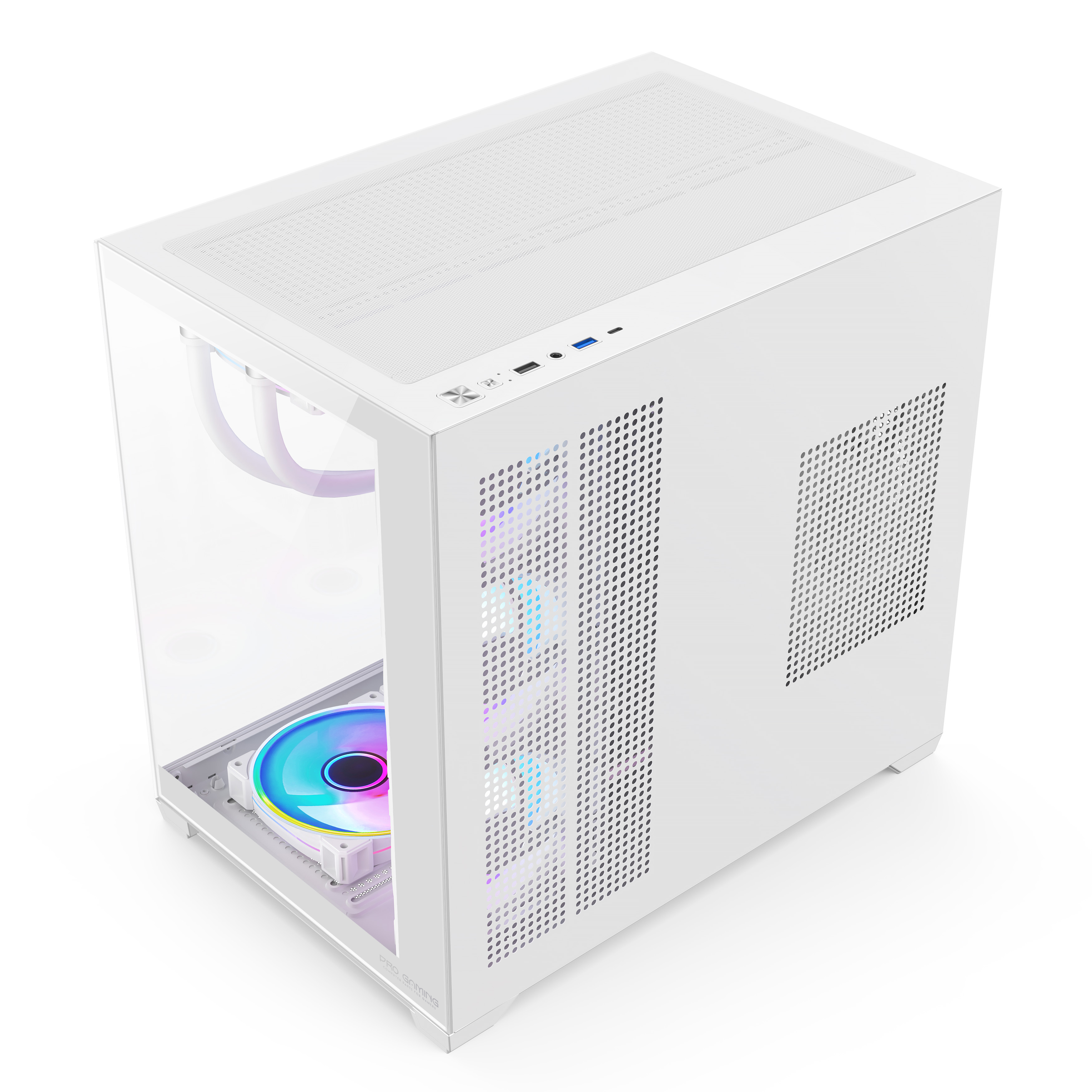 Un case per PC da gioco bianco con ventole RGB e pannello frontale in vetro su sfondo bianco.