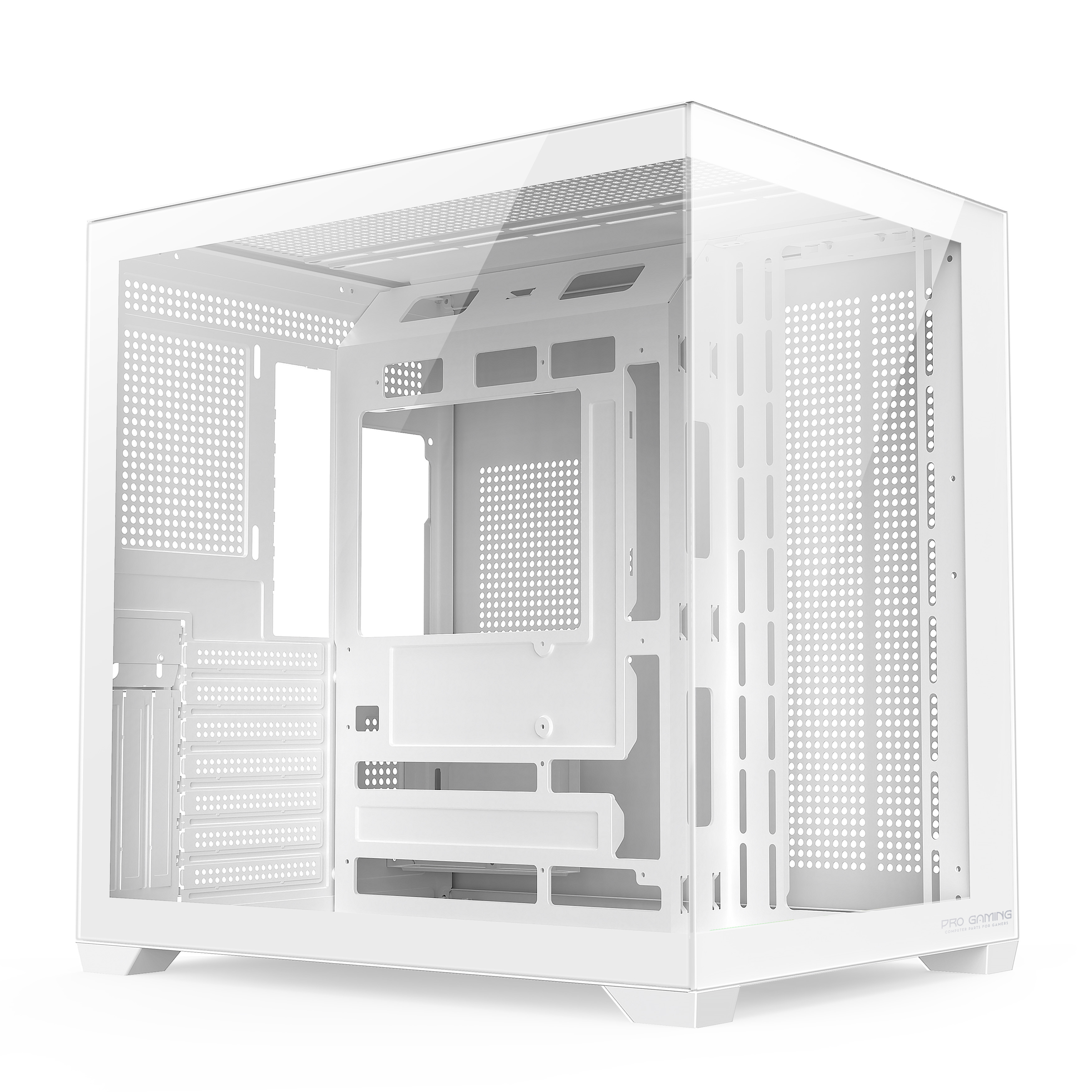 Un case per PC bianco vuoto con pannelli in vetro, che mostra fori di ventilazione e un interno spazioso.