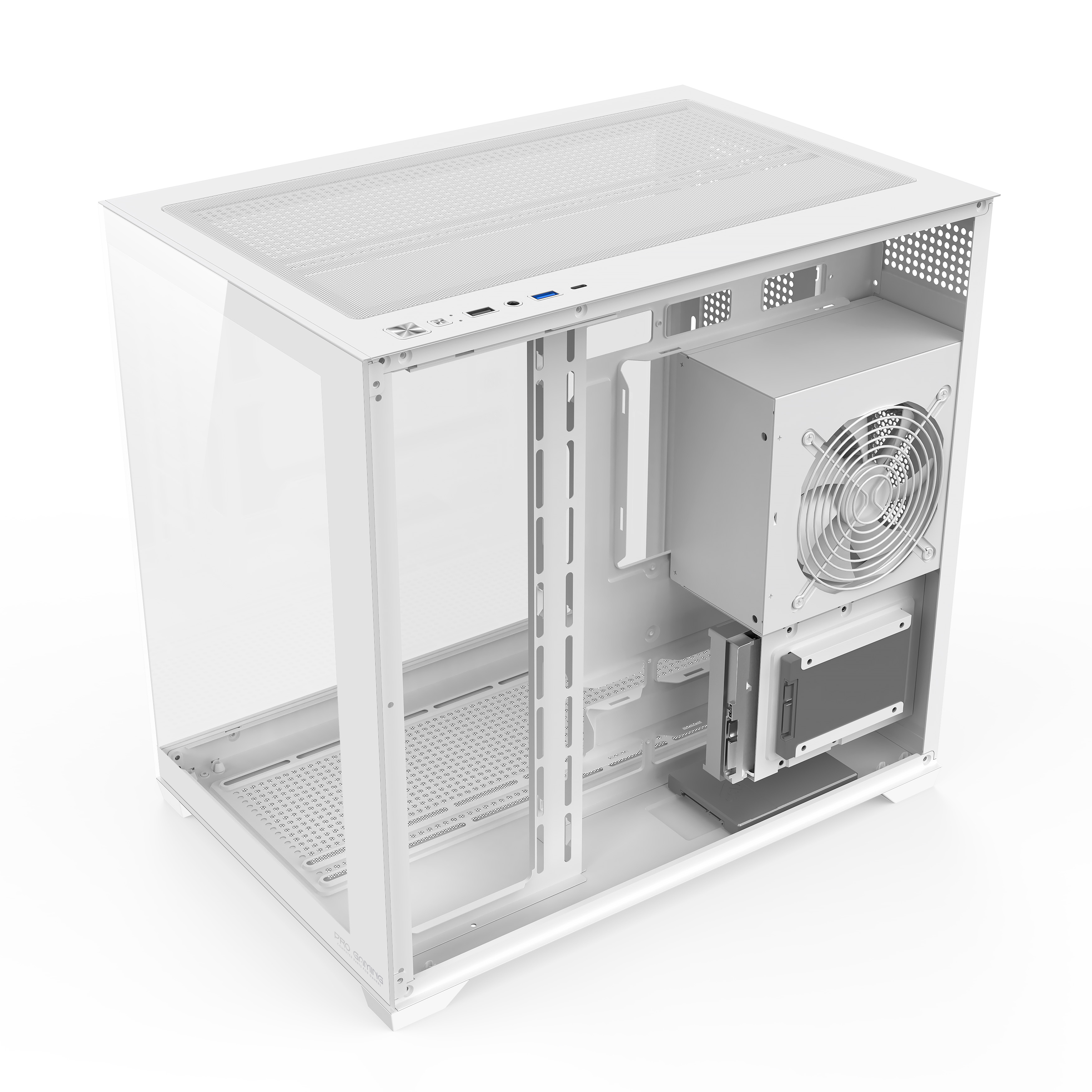 Un case per PC bianco con pannello laterale in vetro, alimentatore e vani unità interni.