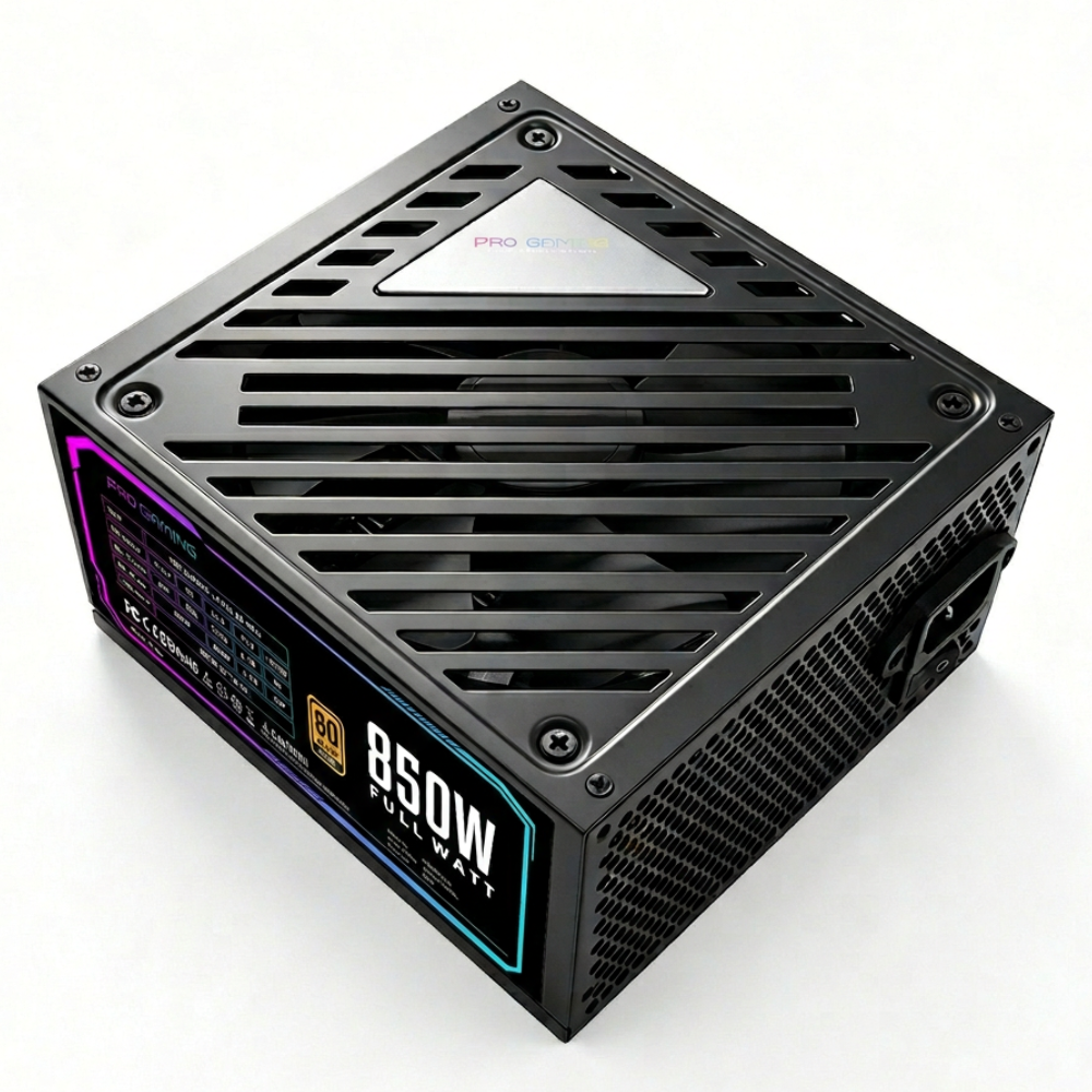 Alimentatore per PC nero da 850 W con griglia di ventilazione, ventola ed etichetta su sfondo bianco.