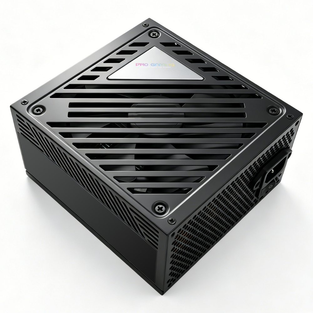 Un alimentatore per computer nero con griglia per ventola e logo 'PRO GAMING' in alto, su sfondo bianco.