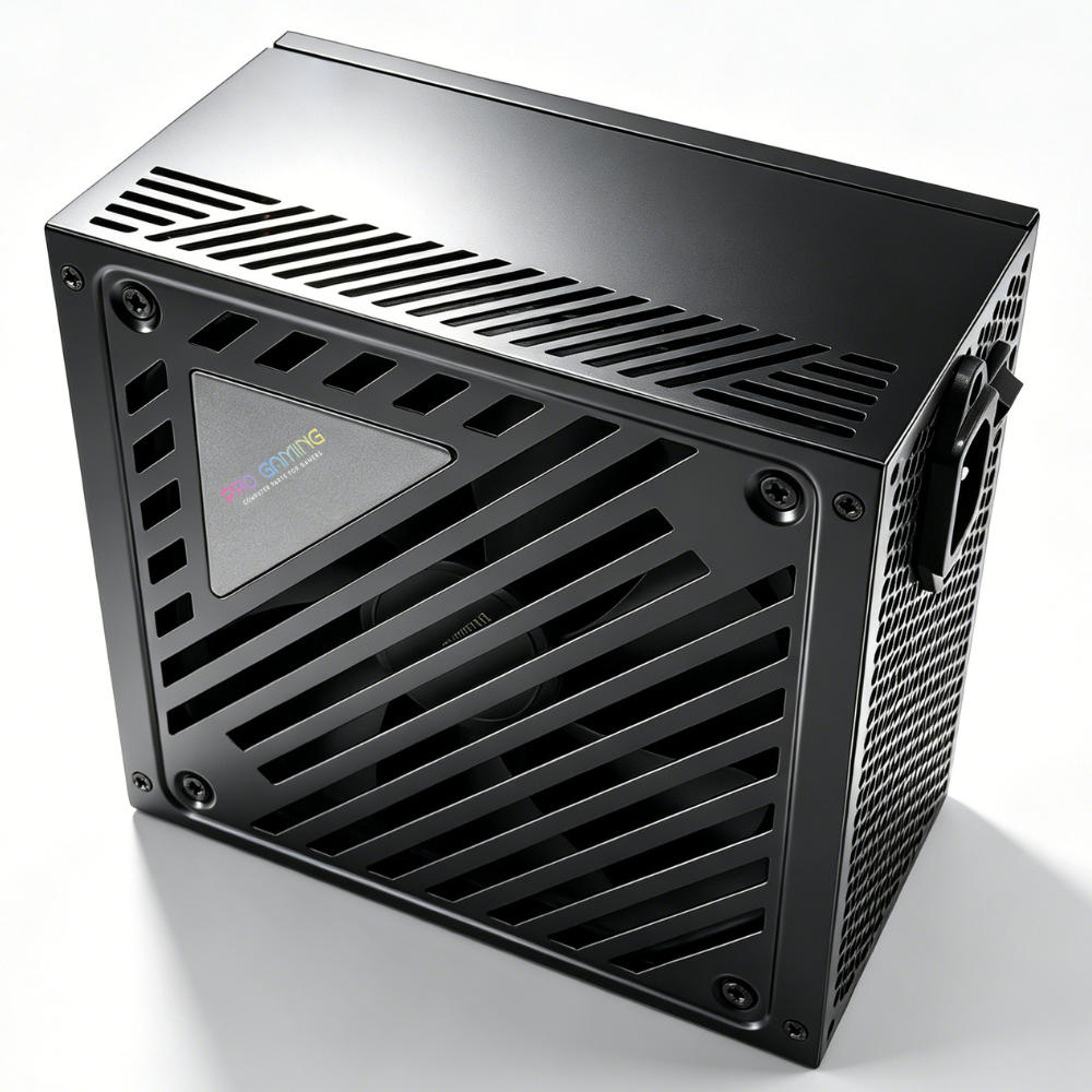 Un alimentatore per PC nero con logo triangolare e griglie di ventilazione diagonali su sfondo bianco.