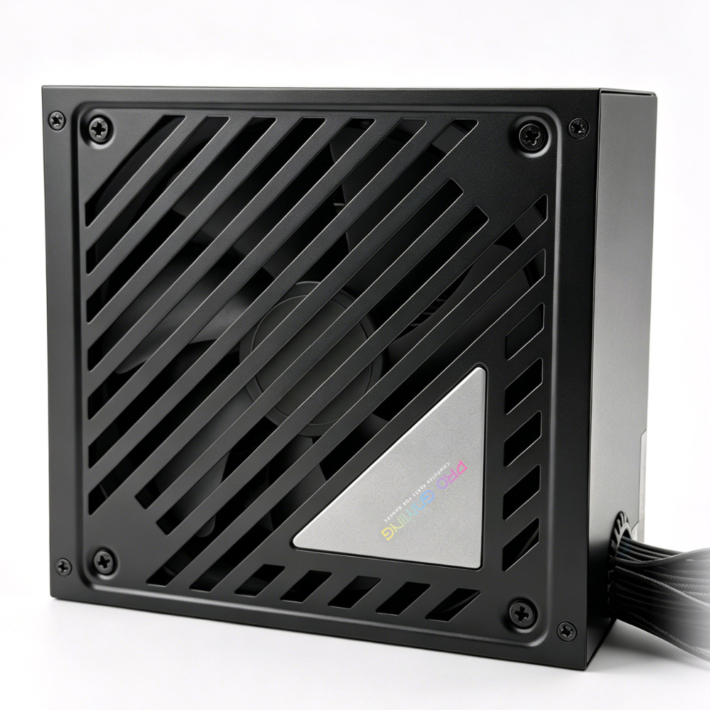 Un alimentatore per computer nero con feritoie di ventilazione inclinate, una ventola di raffreddamento e un badge triangolare.