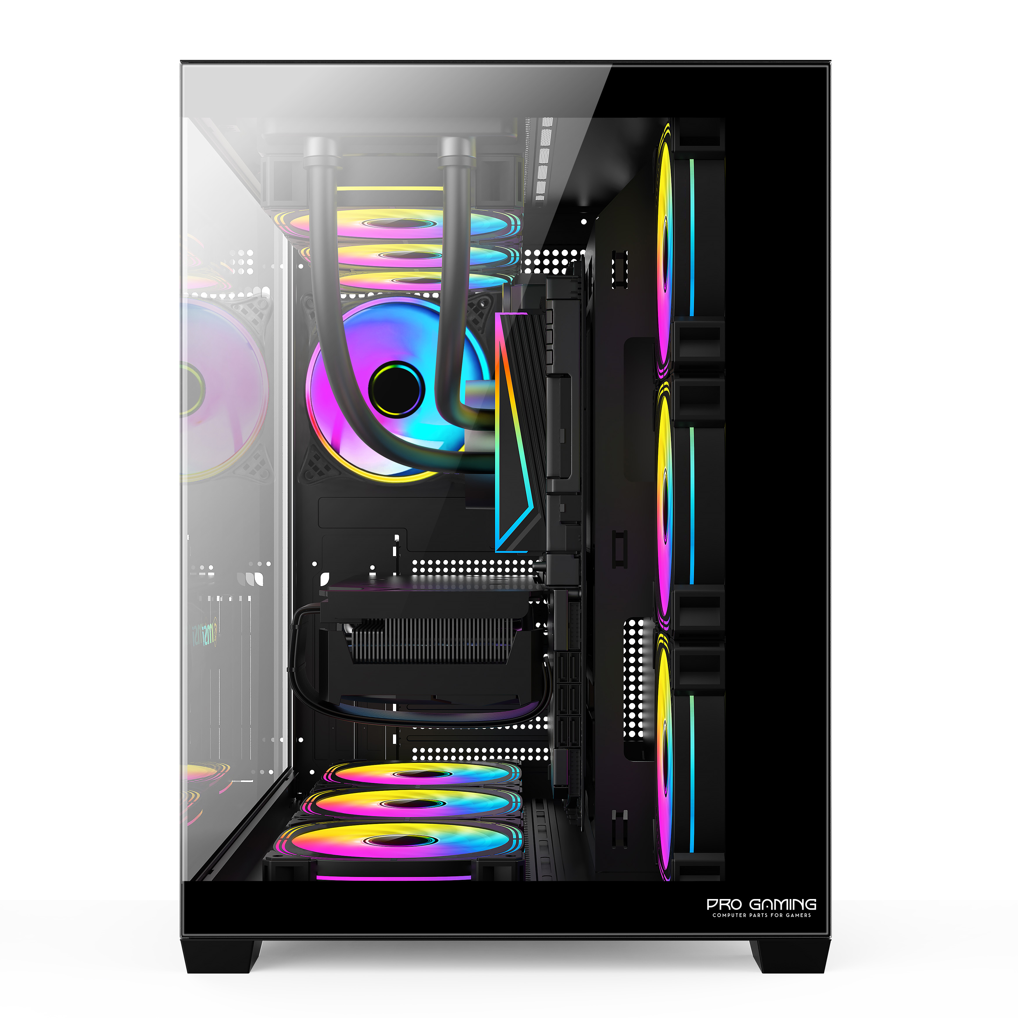 Case per PC in vetro con ventole RGB e raffreddamento a liquido.