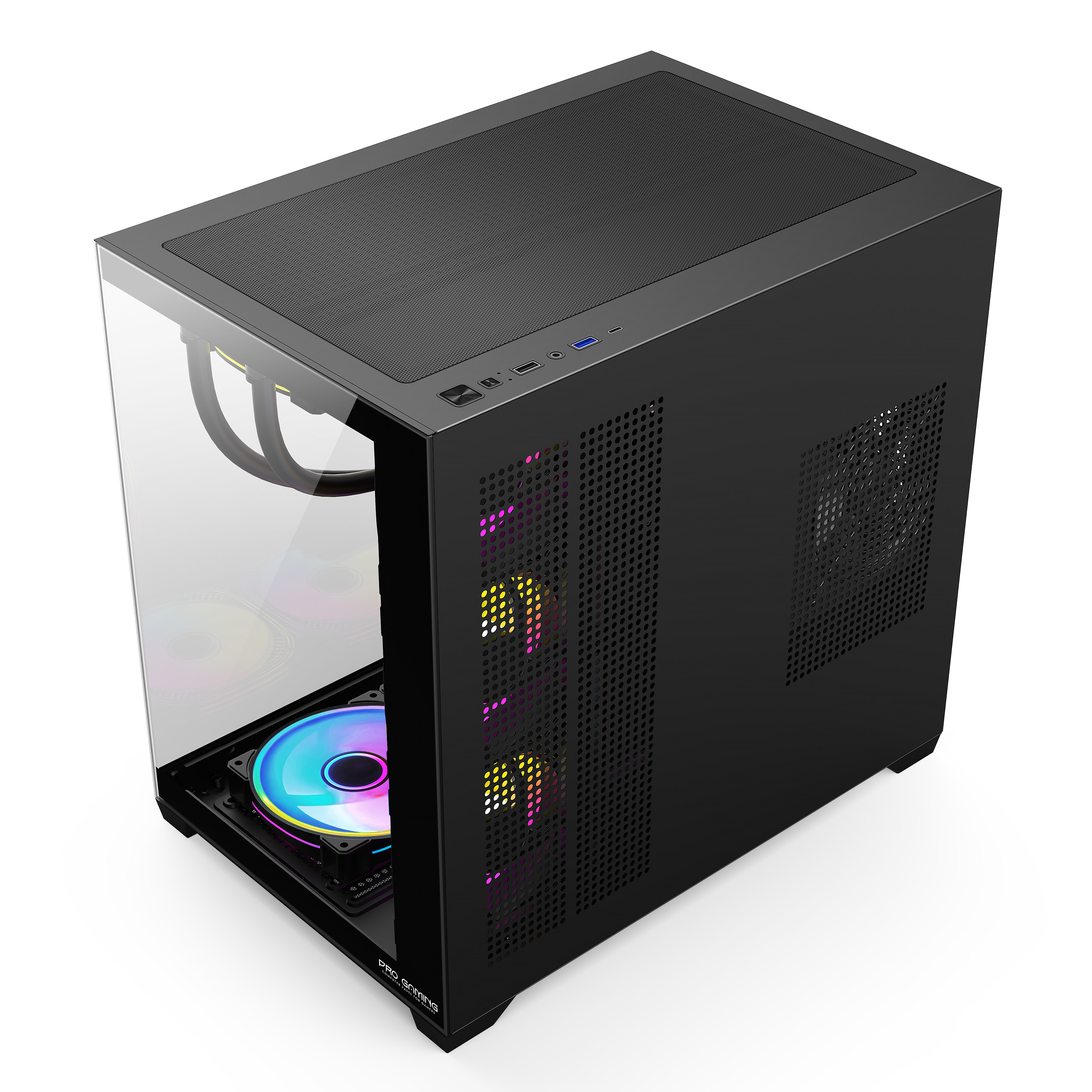 Case per PC nero con frontale in vetro, parte superiore in rete e ventole RGB.