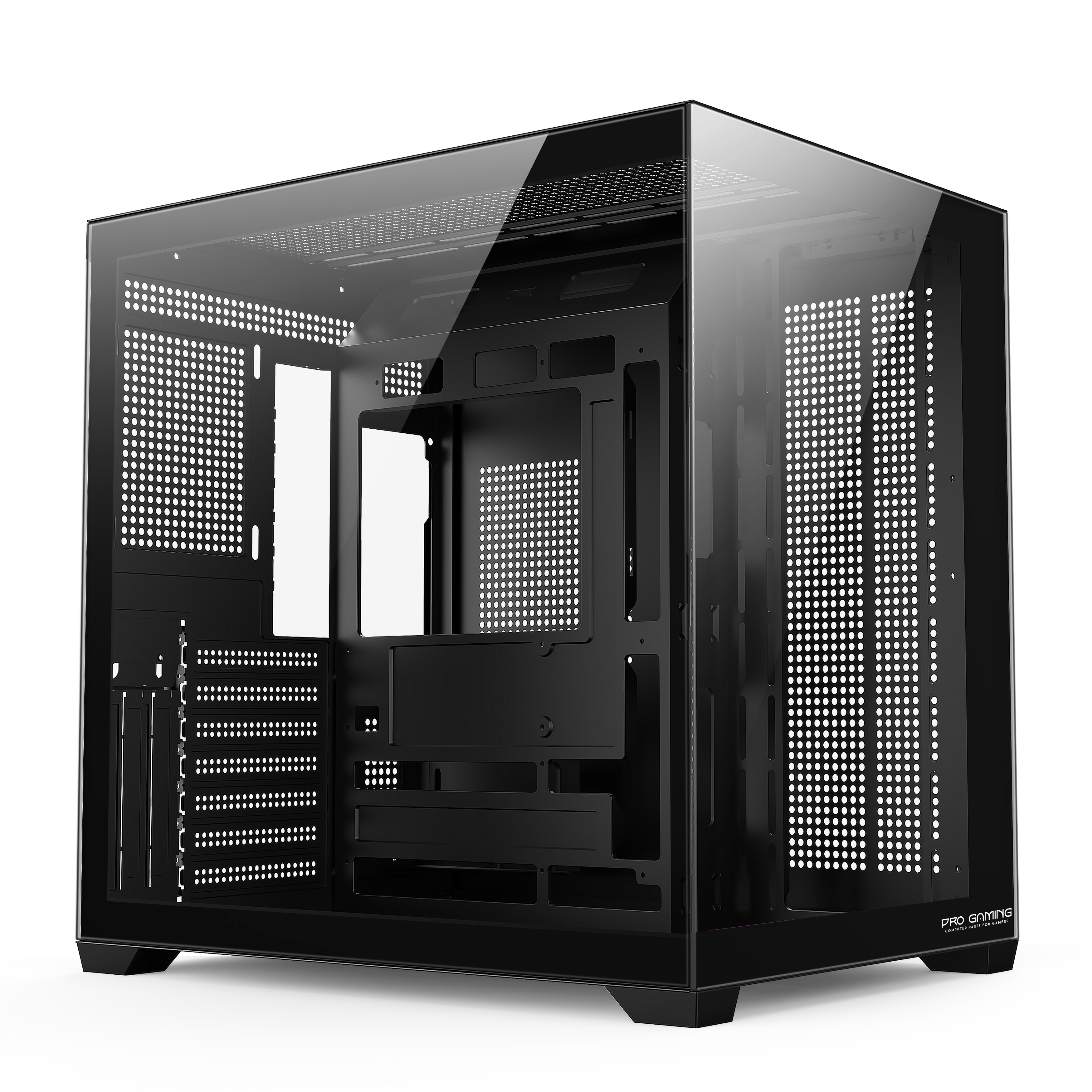 Un case per PC da gioco nero con pannelli laterali e anteriori in vetro e griglie di ventilazione perforate.