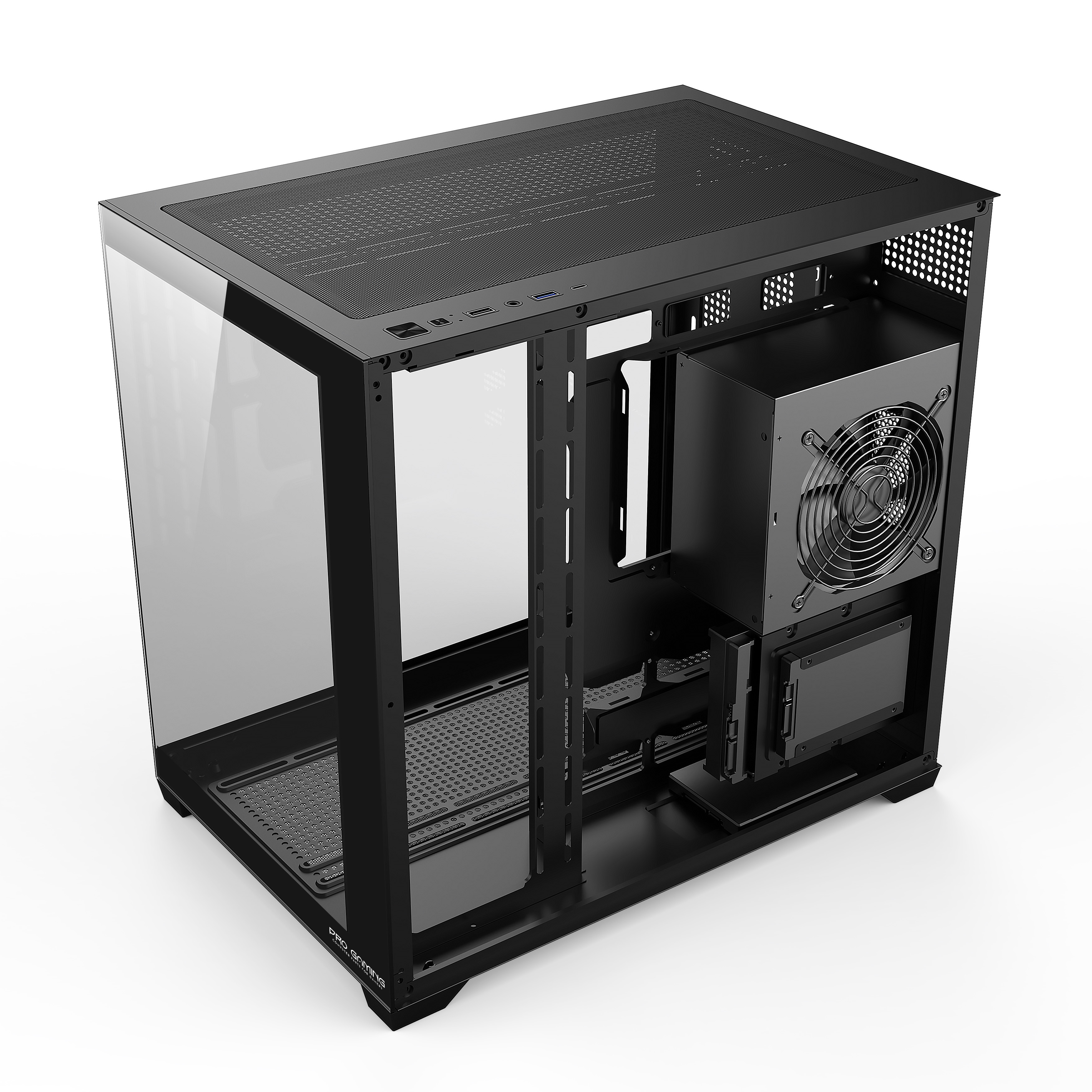 Un case per PC nero con pannello laterale in vetro temperato, parte superiore in rete e alimentatore installato.