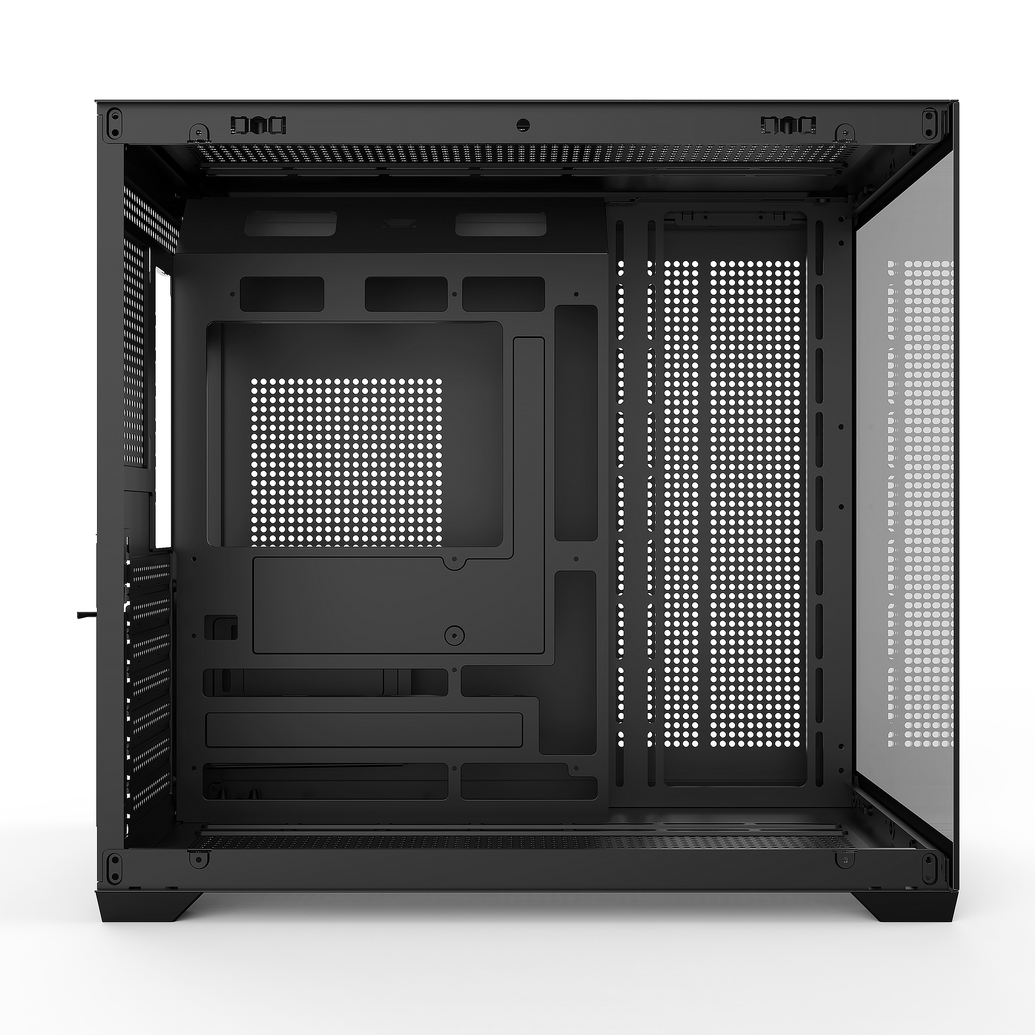 Un case per PC nero vuoto con griglie di ventilazione perforate e pannello laterale in vetro su sfondo bianco.