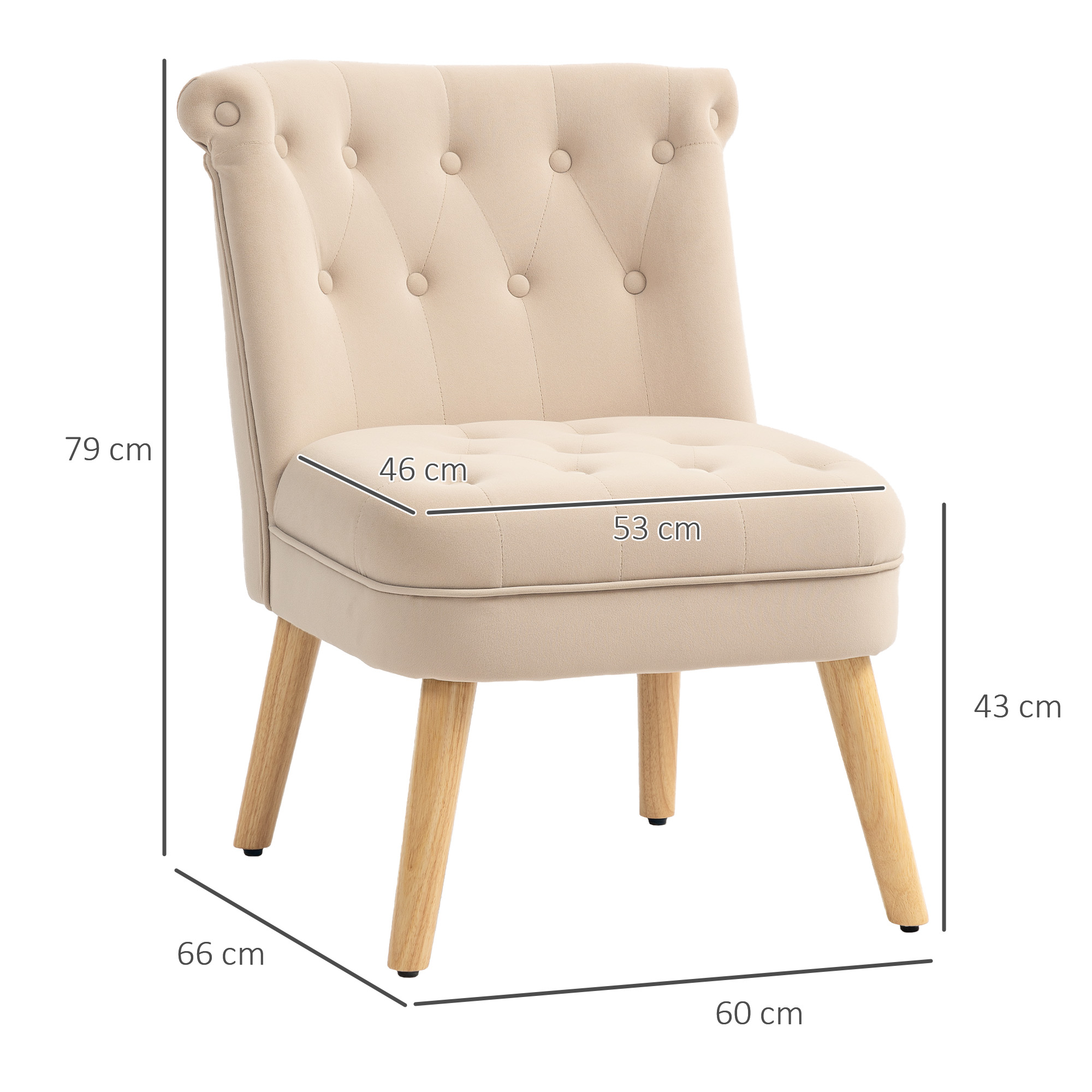 Poltrona imbottita beige con gambe in legno e dimensioni.