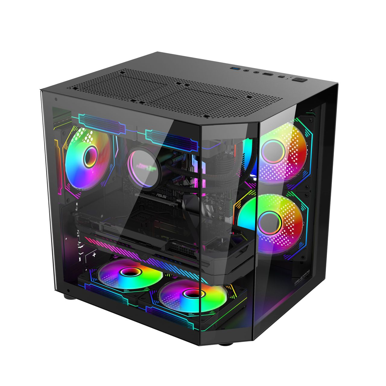 Un case per PC nero con fronte in vetro, componenti interni e ventole RGB colorate.