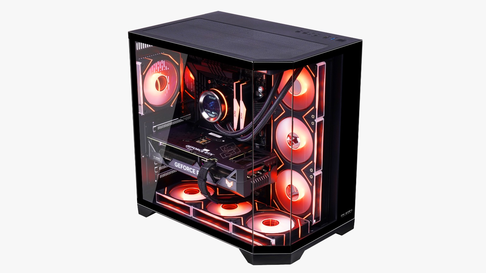Case per PC da gioco nero con ventole rosse luminose e pannello laterale in vetro.