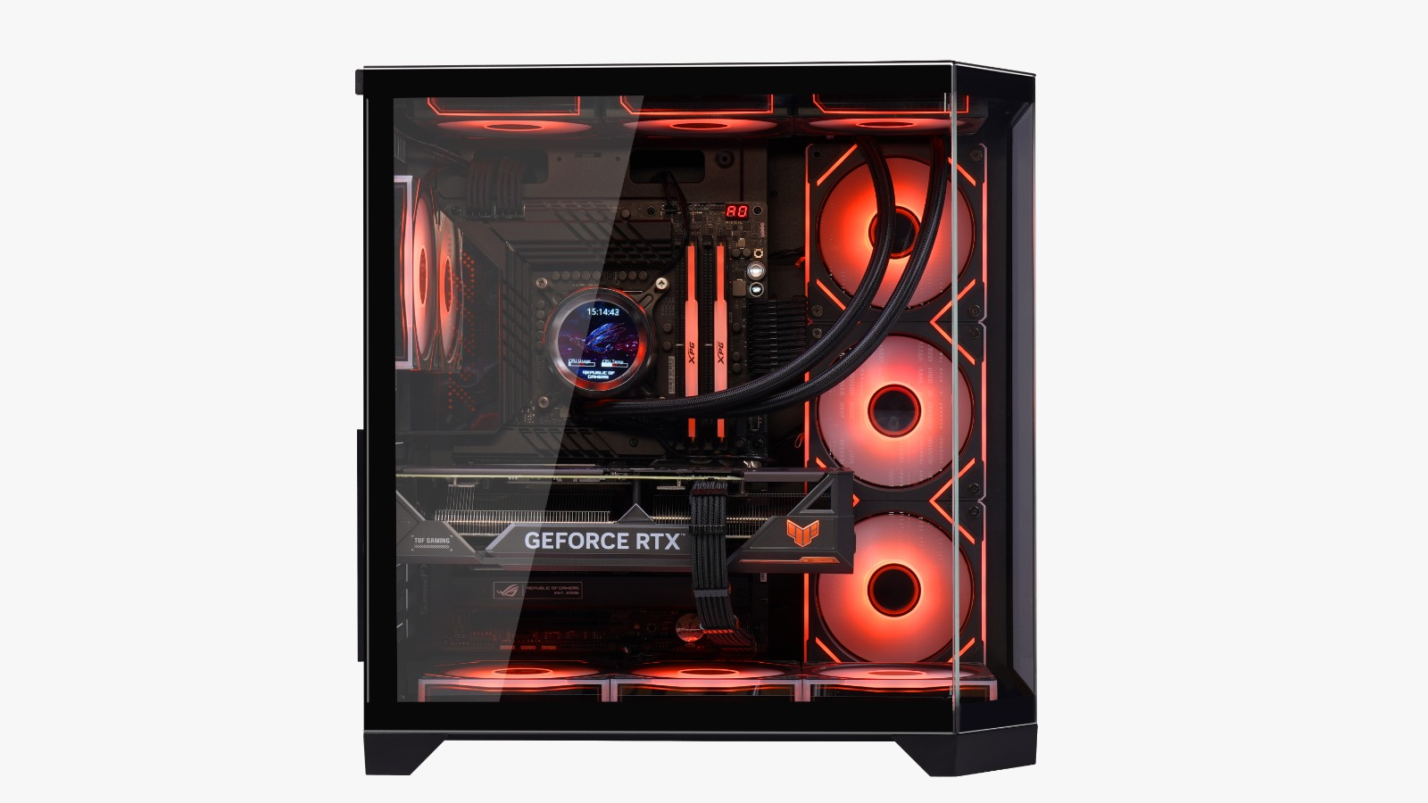 PC da gioco con custodia in vetro, ventole rosse illuminate, scheda grafica GeForce RTX e CPU raffreddata a liquido.