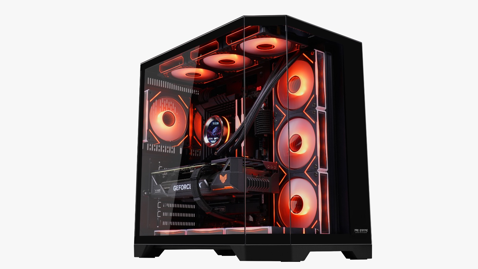 Un case per PC da gaming nero con pannelli in vetro e ventole arancioni illuminate.