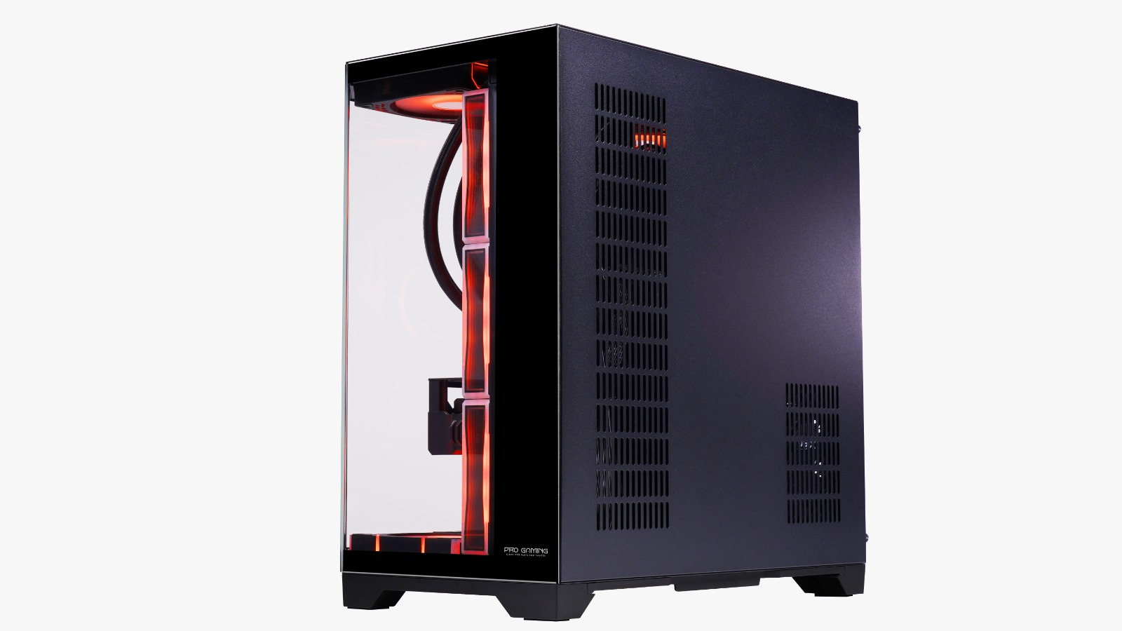 Tower per PC da gioco nero con frontale in vetro e luci a LED rosse su sfondo bianco.