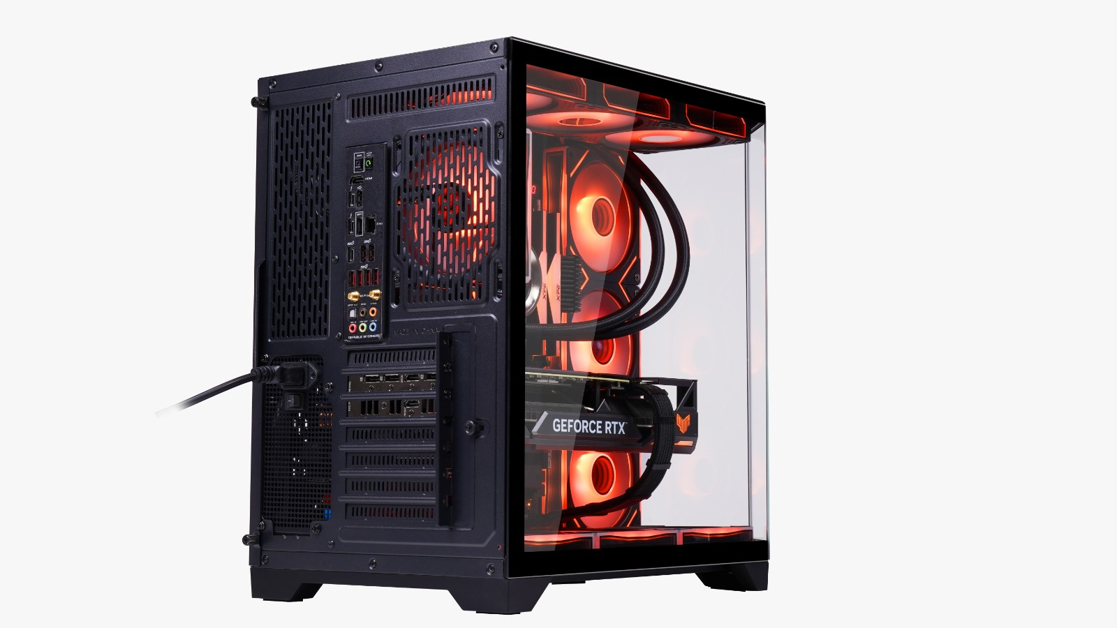 Un case per PC da gaming nero con pannello laterale in vetro e ventole rosse luminose.