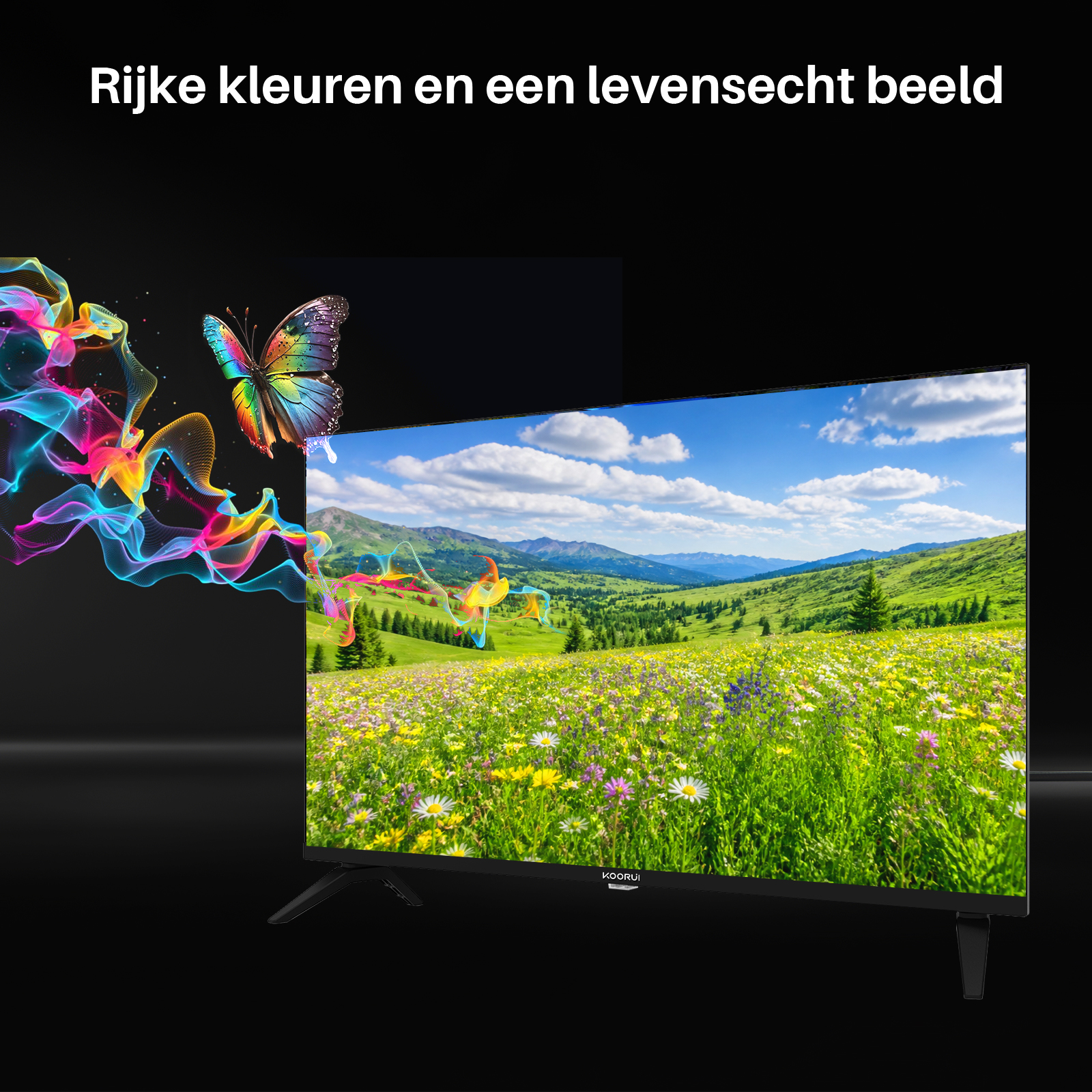 Ein Fernseher zeigt eine grüne Landschaft mit bunten Blumen, während eine farbenfrohe Raupe und ein Schmetterling aufsteigen.
