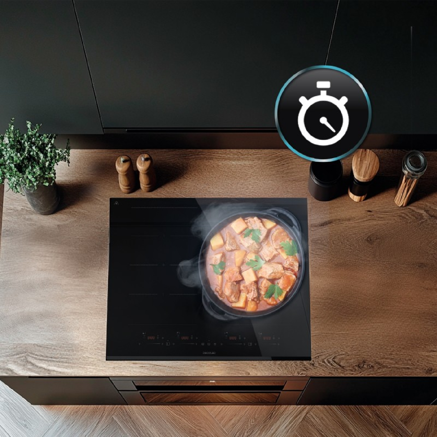 Una olla con estofado se cocina en una placa de inducción, acompañada de un icono de cronómetro.