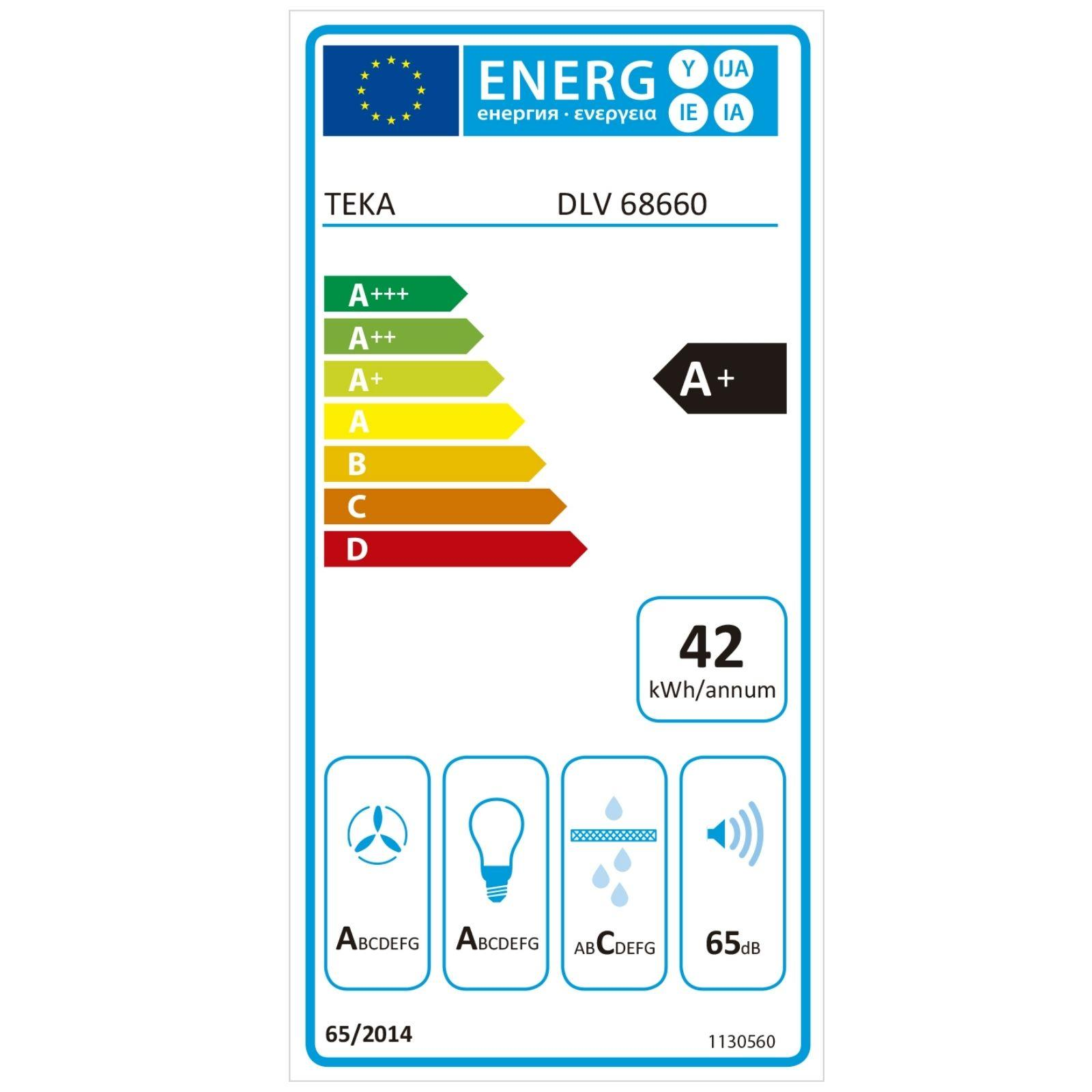Teka DLV 68660 için 42 kWh/yıl ve 65 dB ses seviyeli A+ enerji etiketi.