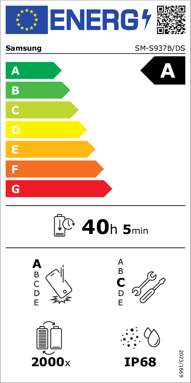 Etykieta energetyczna Samsung klasa A, kod QR, bateria 40h, ochrona przed upadkiem, indeks naprawczy C, bateria 2000x i IP68.