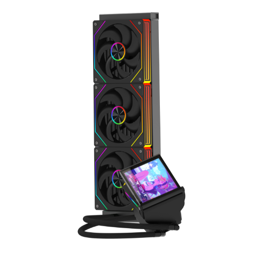 Un dissipatore a liquido per CPU con tre ventole RGB e un piccolo schermo LCD in basso.