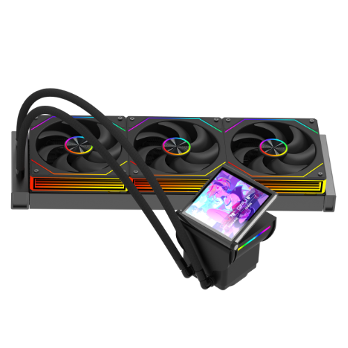 Un dissipatore a liquido nero per CPU con tre ventole RGB e un blocco con schermo anime e due tubi.