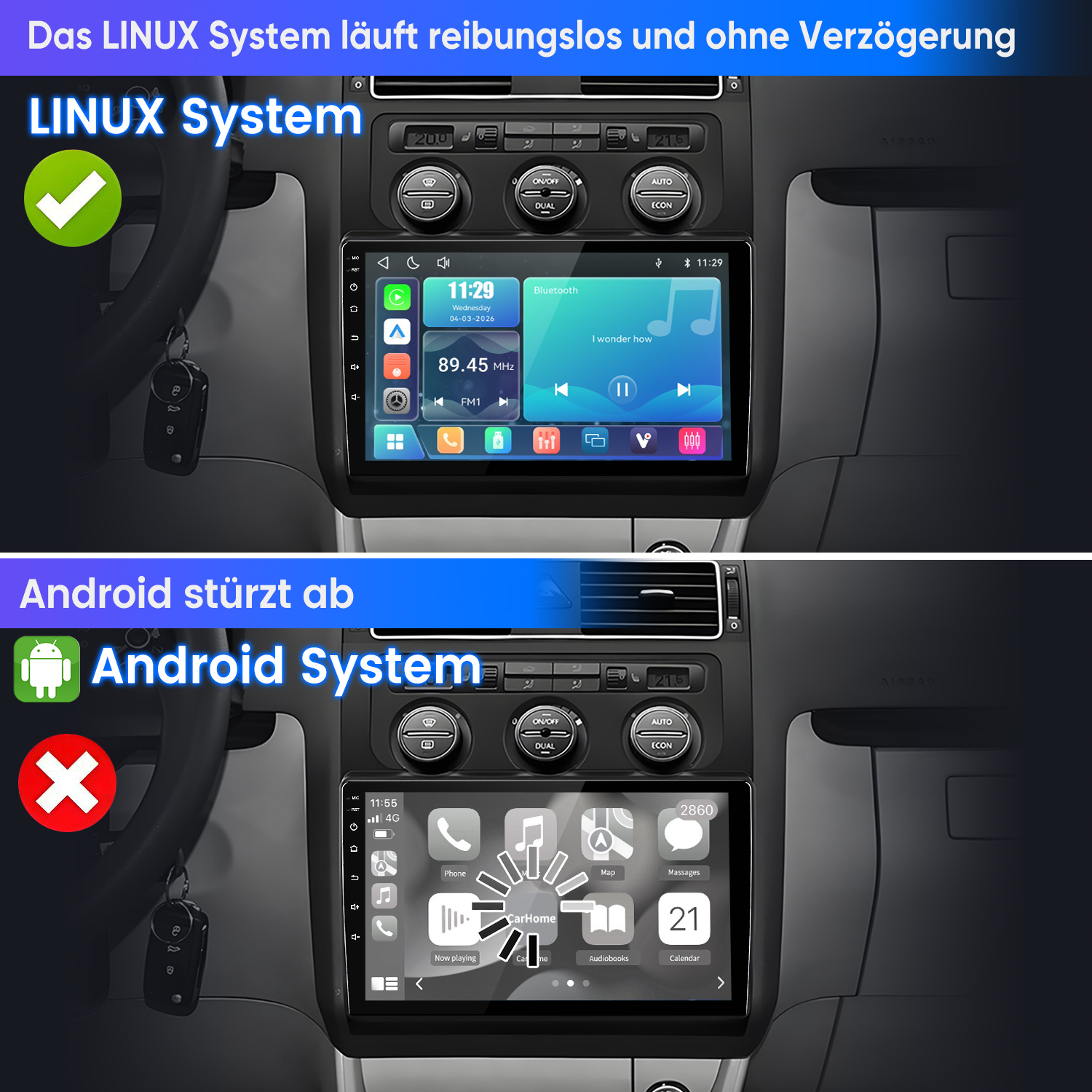 Vergleich zweier Auto-Infotainment-Systeme: Linux läuft stabil, während Android abstürzt.