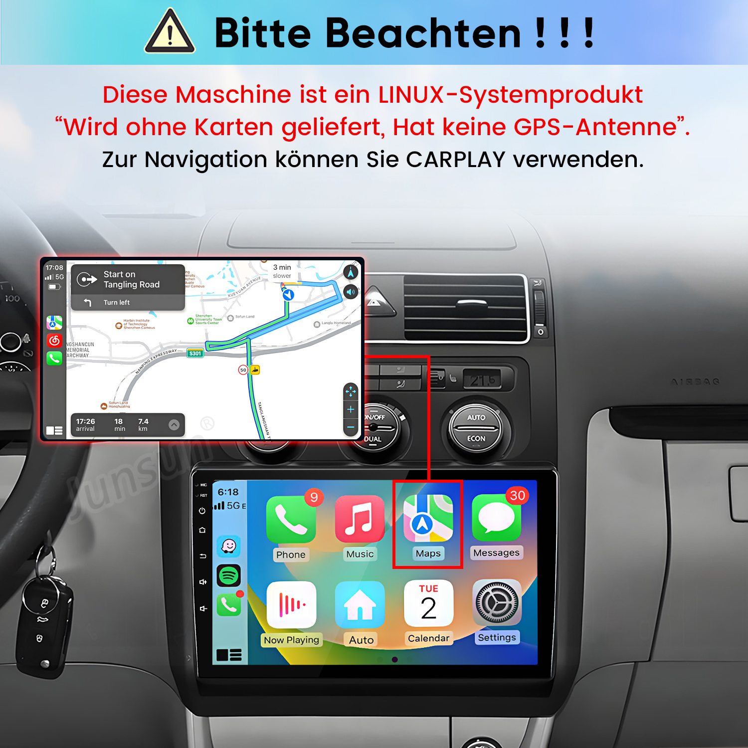 Linux-Autoradio mit CarPlay-Menü und Hinweis auf fehlende GPS-Antenne.