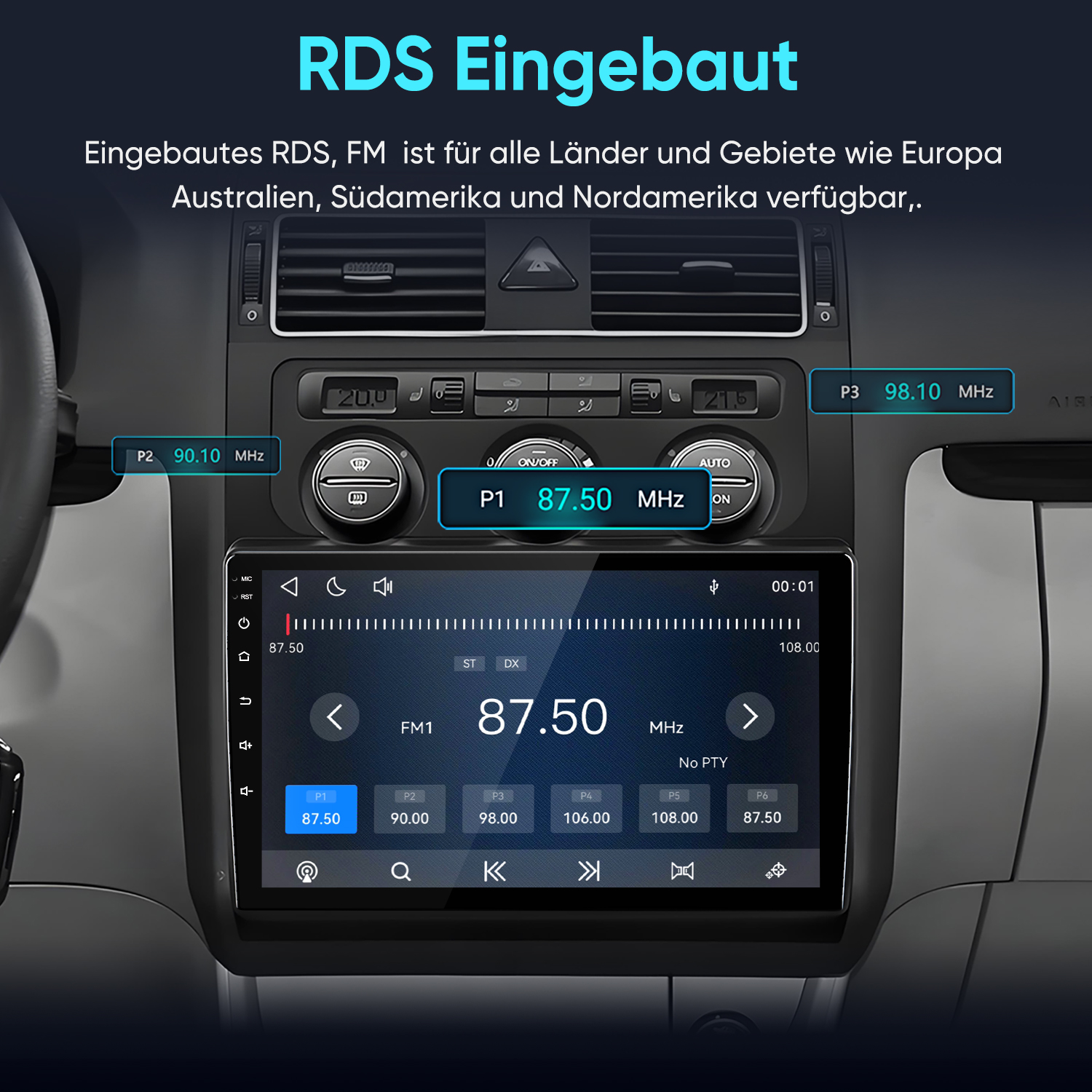 Autoradio-Display zeigt FM-Radiofrequenz 87.50 MHz und Preset-Tasten im Armaturenbrett.