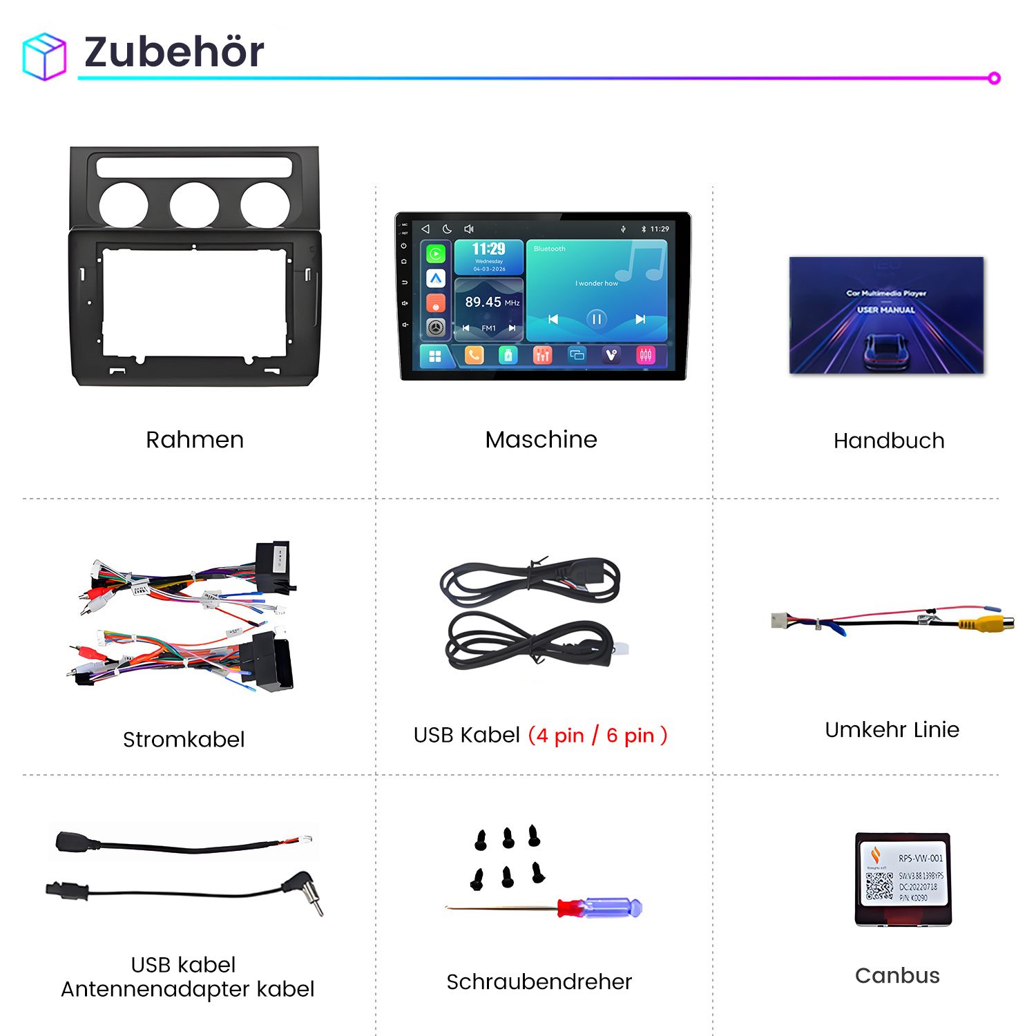 Übersicht von Autoradio-Zubehörteilen inklusive Rahmen, Display, Kabeln, Schraubendreher und Canbus auf weißem Grund.