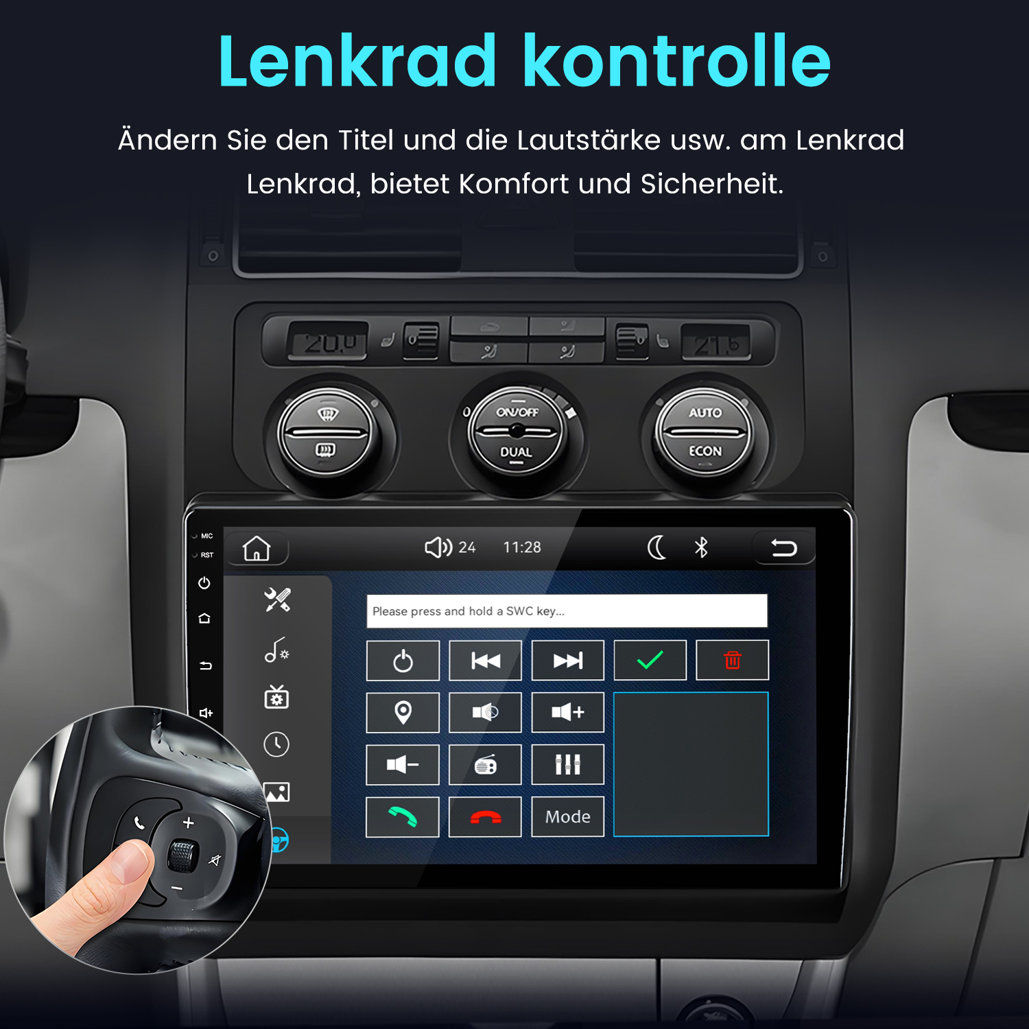 Autoinnenraum mit Touchscreen-Infotainment-System und Lenkradsteuerung.