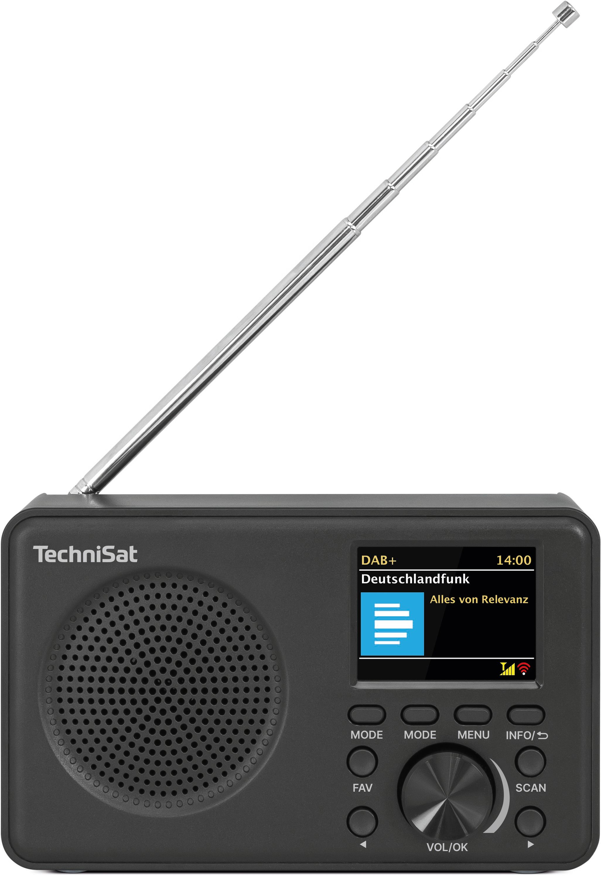 Ein schwarzes TechniSat Radio mit ausgefahrener Teleskopantenne und digitalem Display.