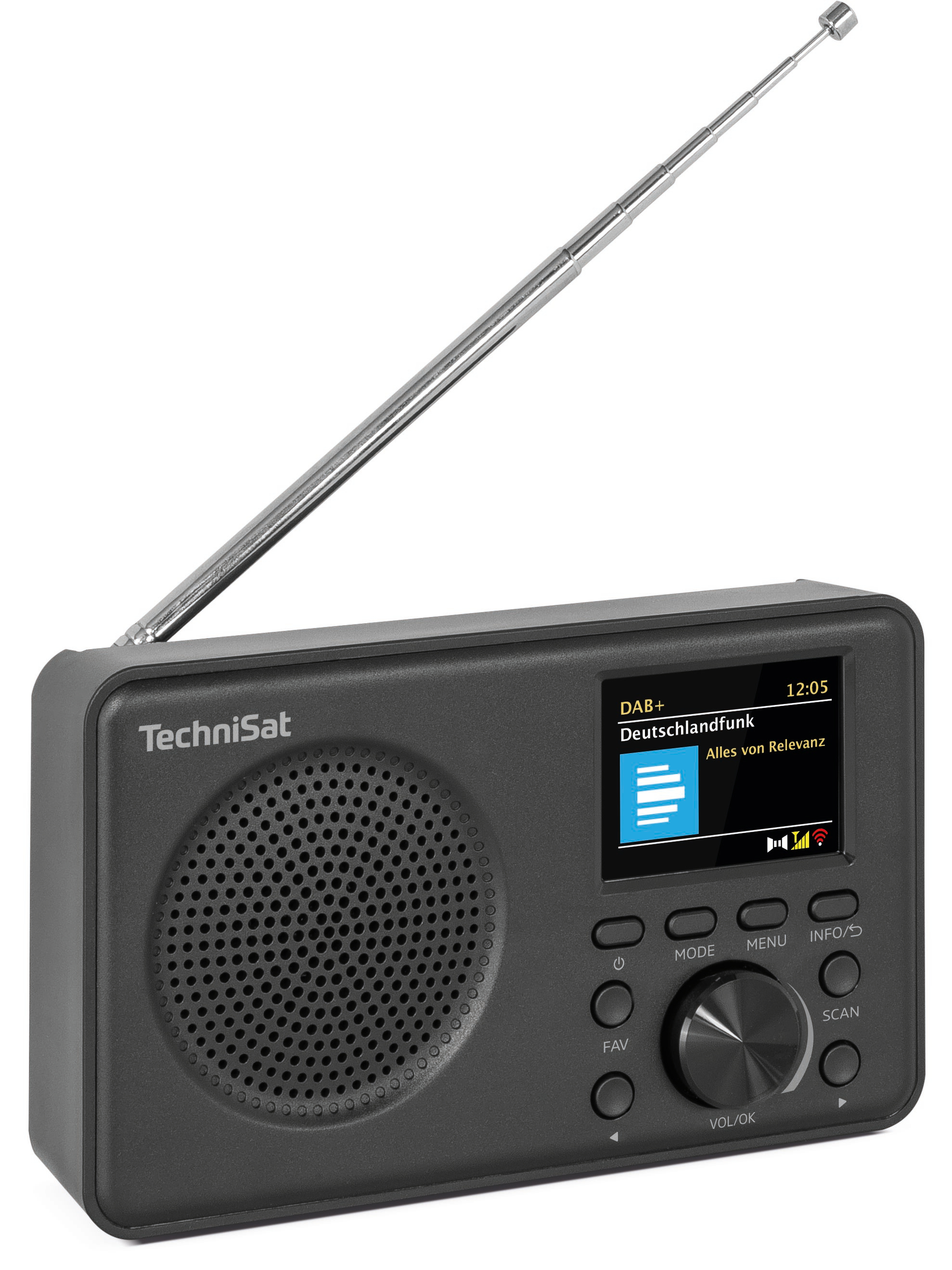 Dunkelgraues TechniSat Digitalradio mit Display, Antenne, Lautsprechergitter und Bedienelementen.