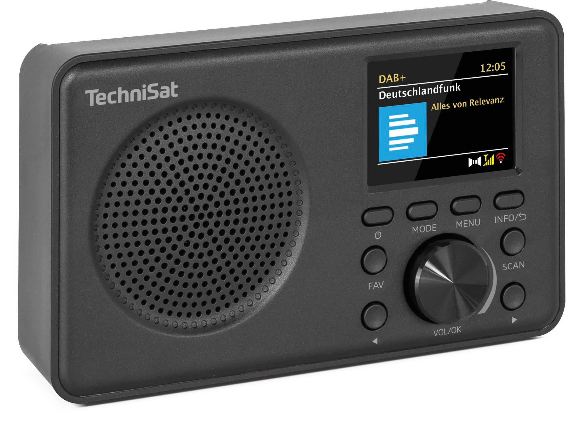 Ein schwarzes TechniSat Digitalradio mit Lautsprecher, Farbdisplay und Bedienknöpfen auf weißem Hintergrund.