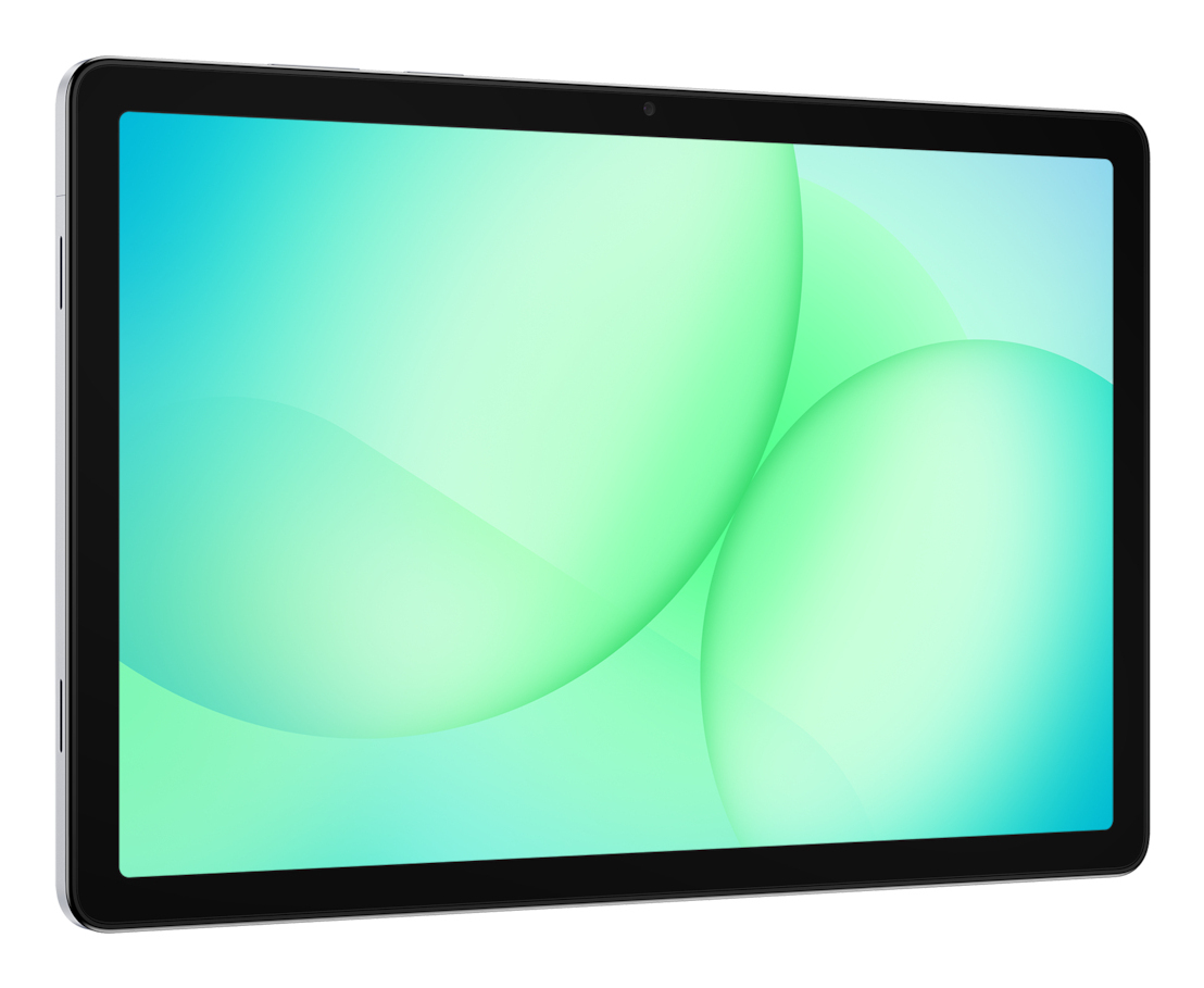 Tablet z jasnoniebieskim i zielonym abstrakcyjnym tłem na ekranie.